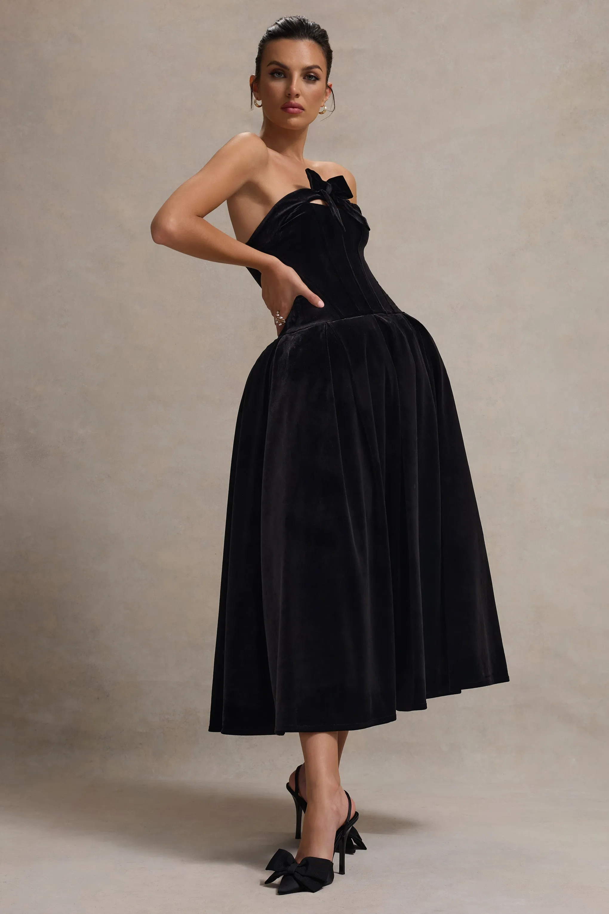 Hepburn | Black Velvet Bandeau Midi Dress With Bow Club L London