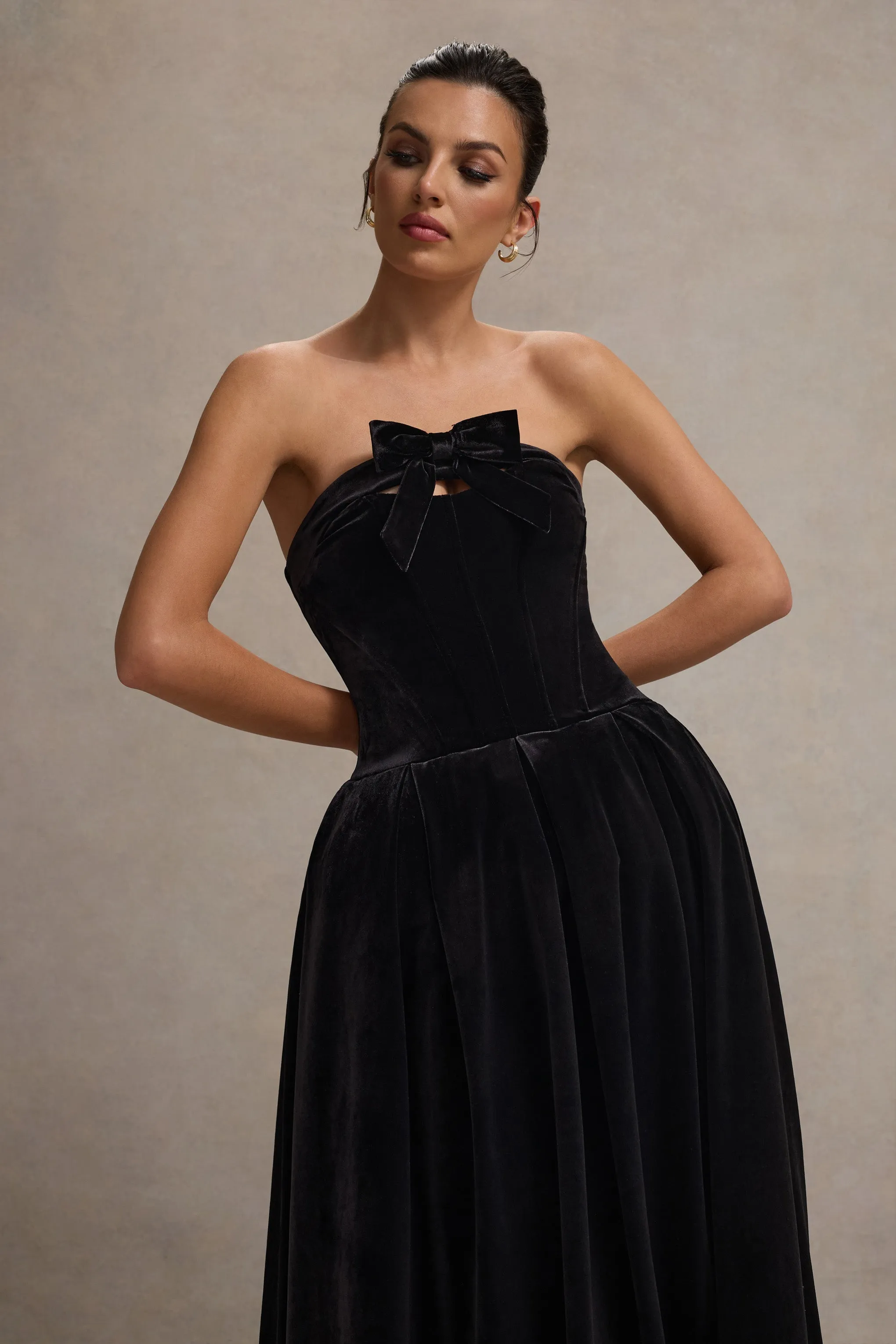 Hepburn | Black Velvet Bandeau Midi Dress With Bow Club L London