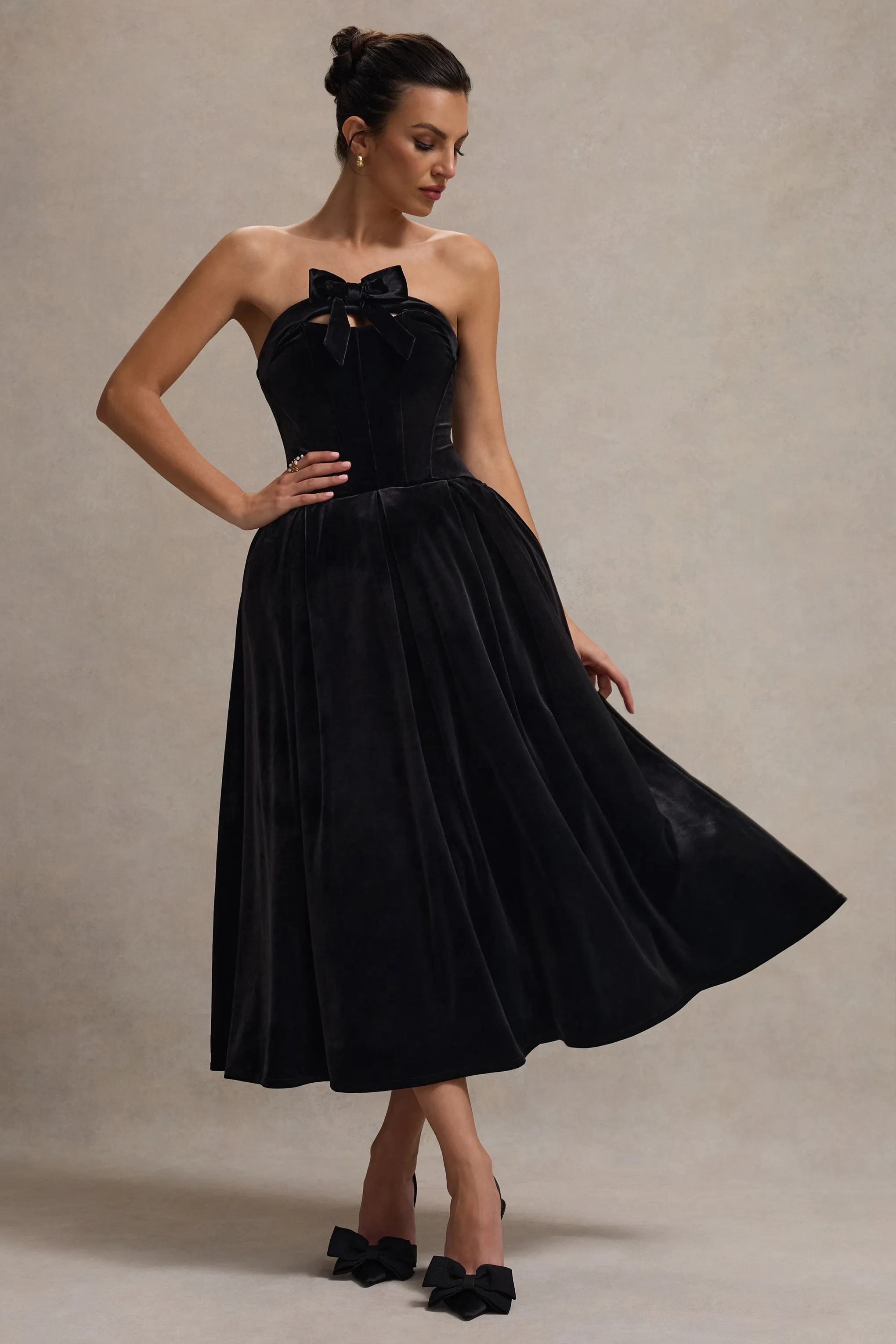 Hepburn | Black Velvet Bandeau Midi Dress With Bow Club L London