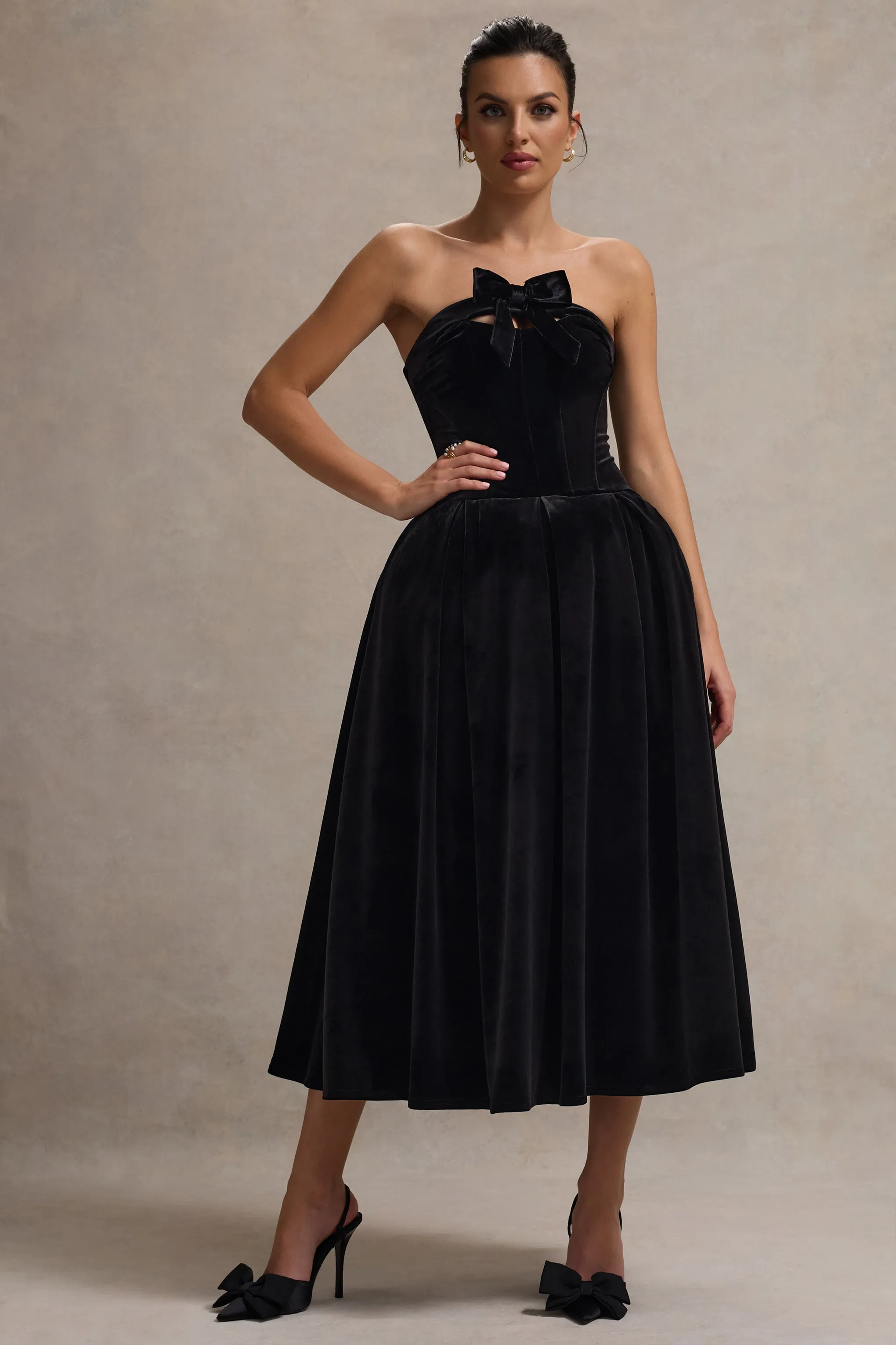 Hepburn | Black Velvet Bandeau Midi Dress With Bow Club L London