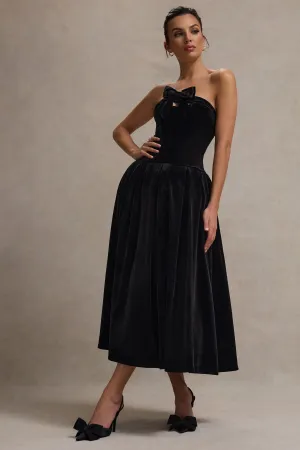 Hepburn | Black Velvet Bandeau Midi Dress With Bow Club L London