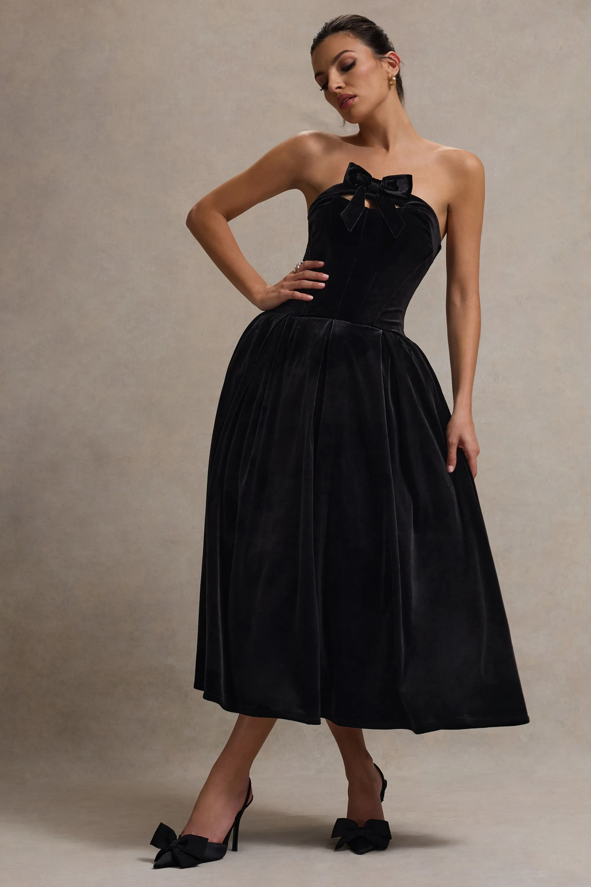 Hepburn | Black Velvet Bandeau Midi Dress With Bow Club L London