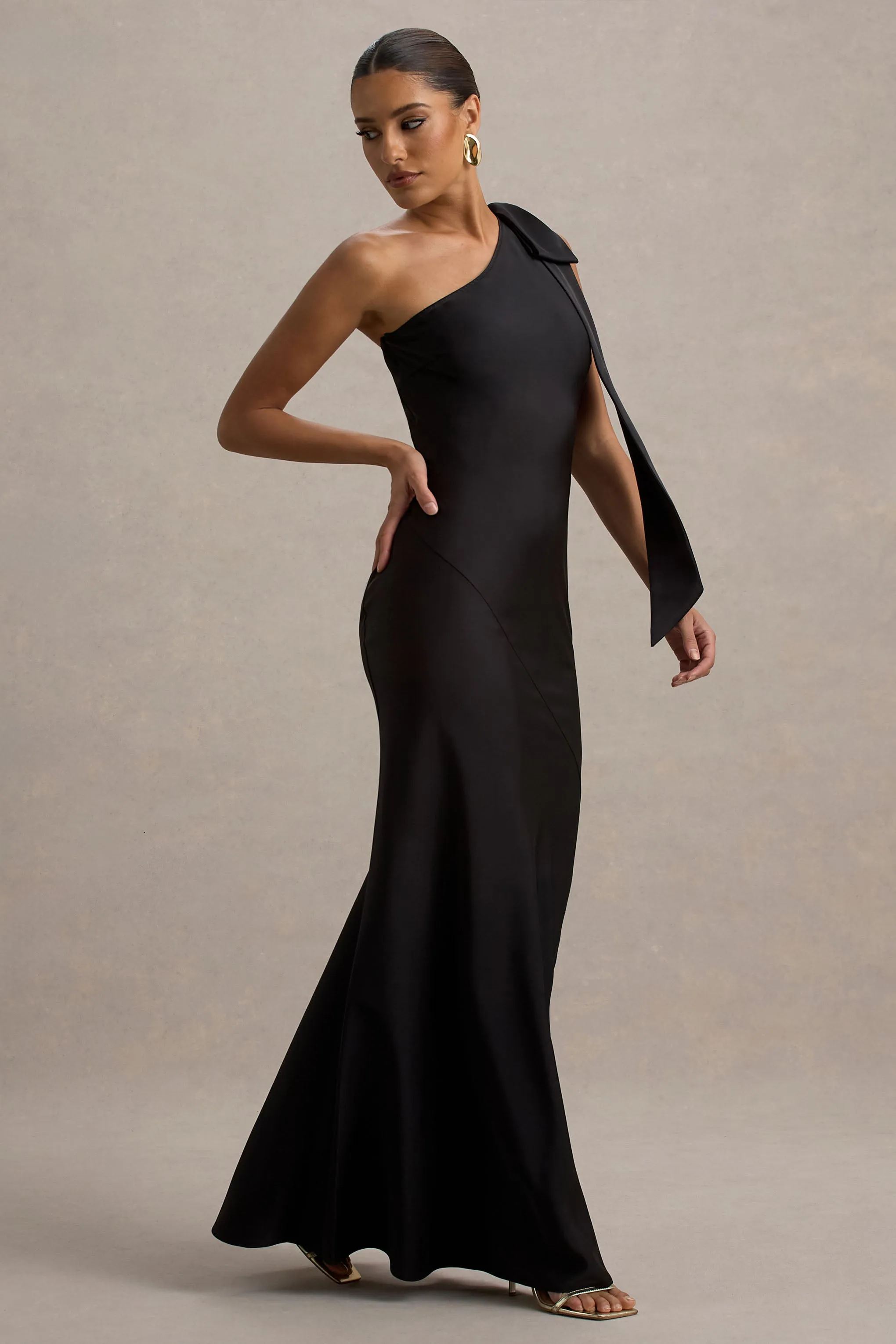 Here For Love | Black Satin Asymmetric Maxi Dress With Bow Club L London