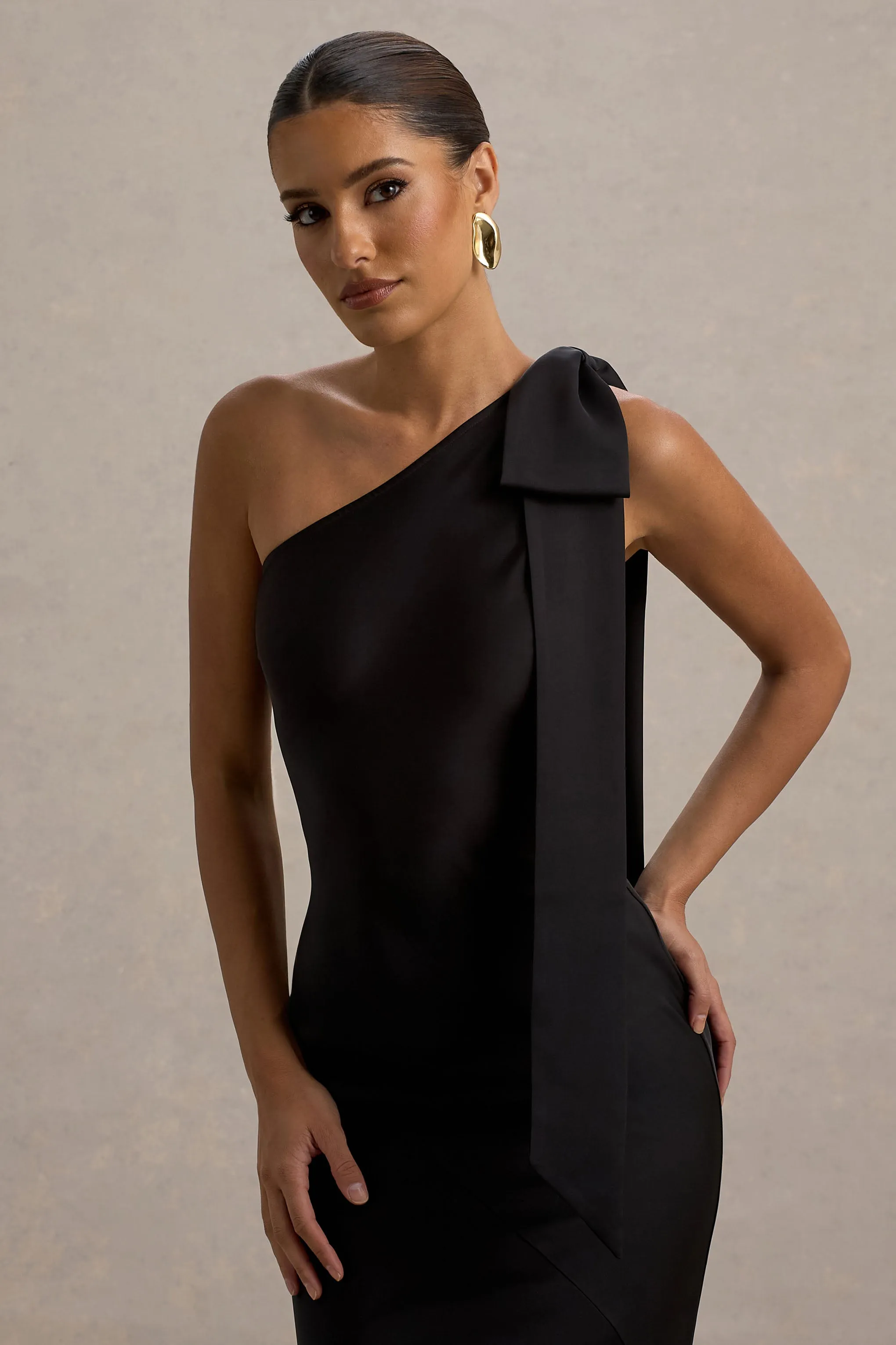 Here For Love | Black Satin Asymmetric Maxi Dress With Bow Club L London