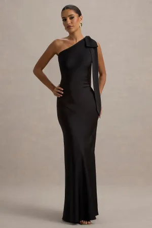 Here For Love | Black Satin Asymmetric Maxi Dress With Bow Club L London