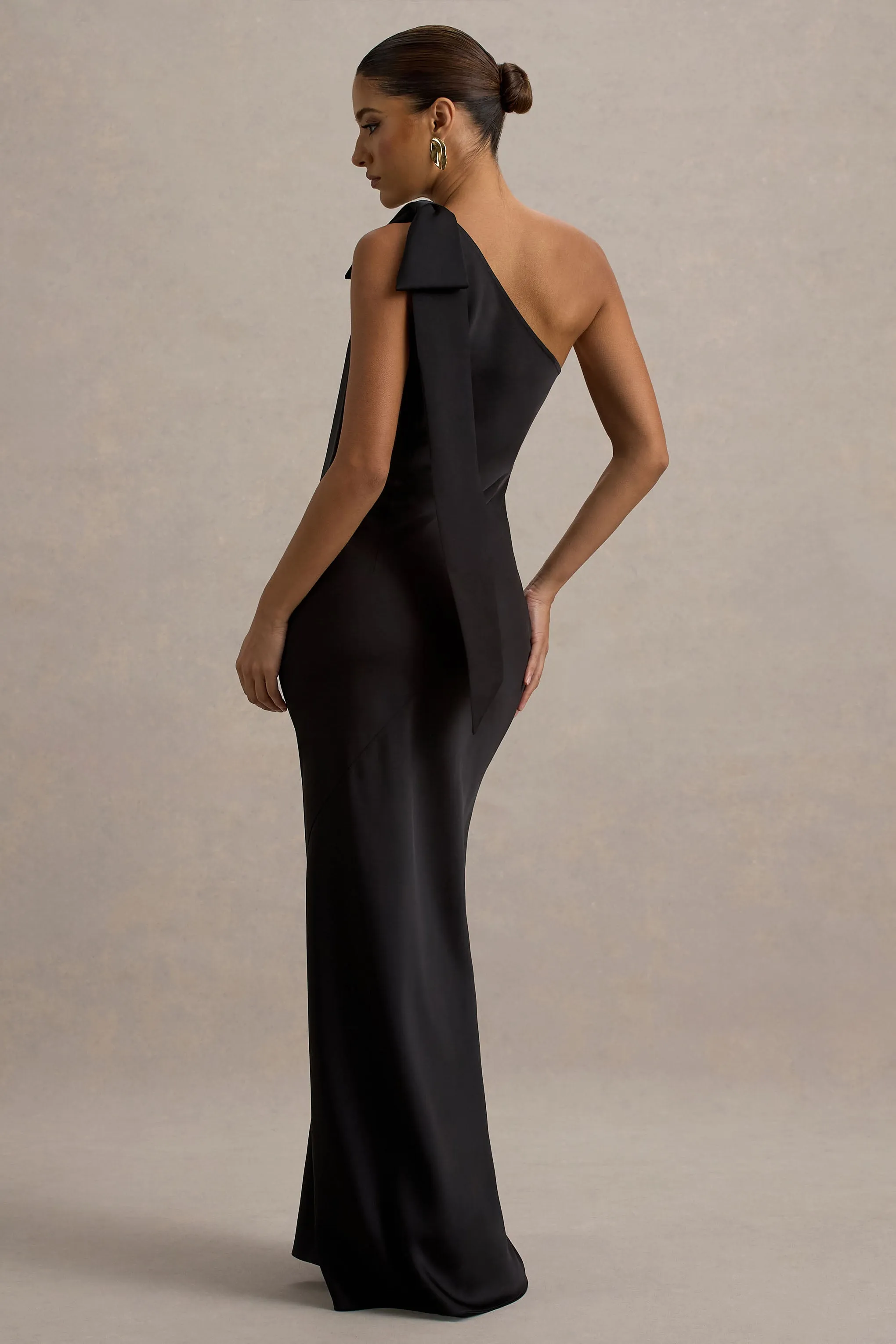 Here For Love | Black Satin Asymmetric Maxi Dress With Bow Club L London
