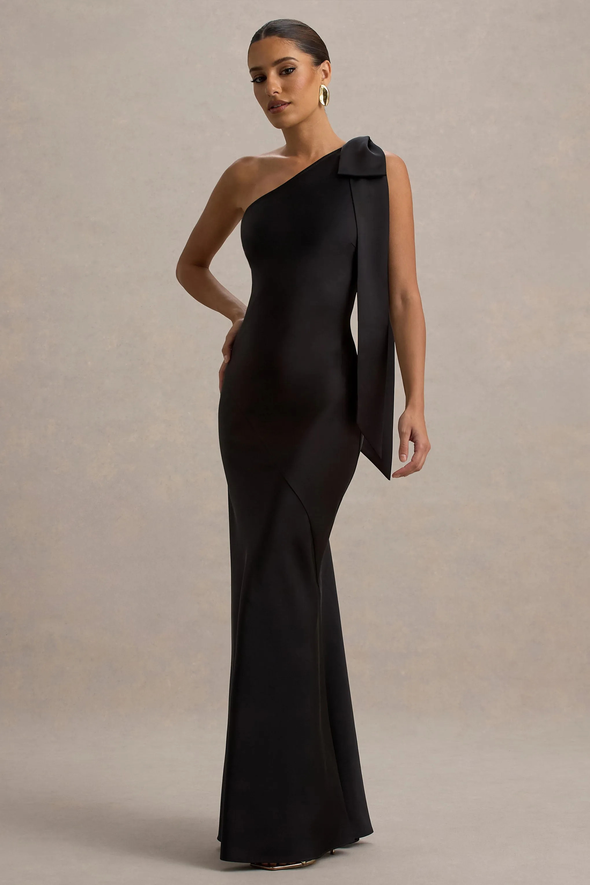 Here For Love | Black Satin Asymmetric Maxi Dress With Bow Club L London
