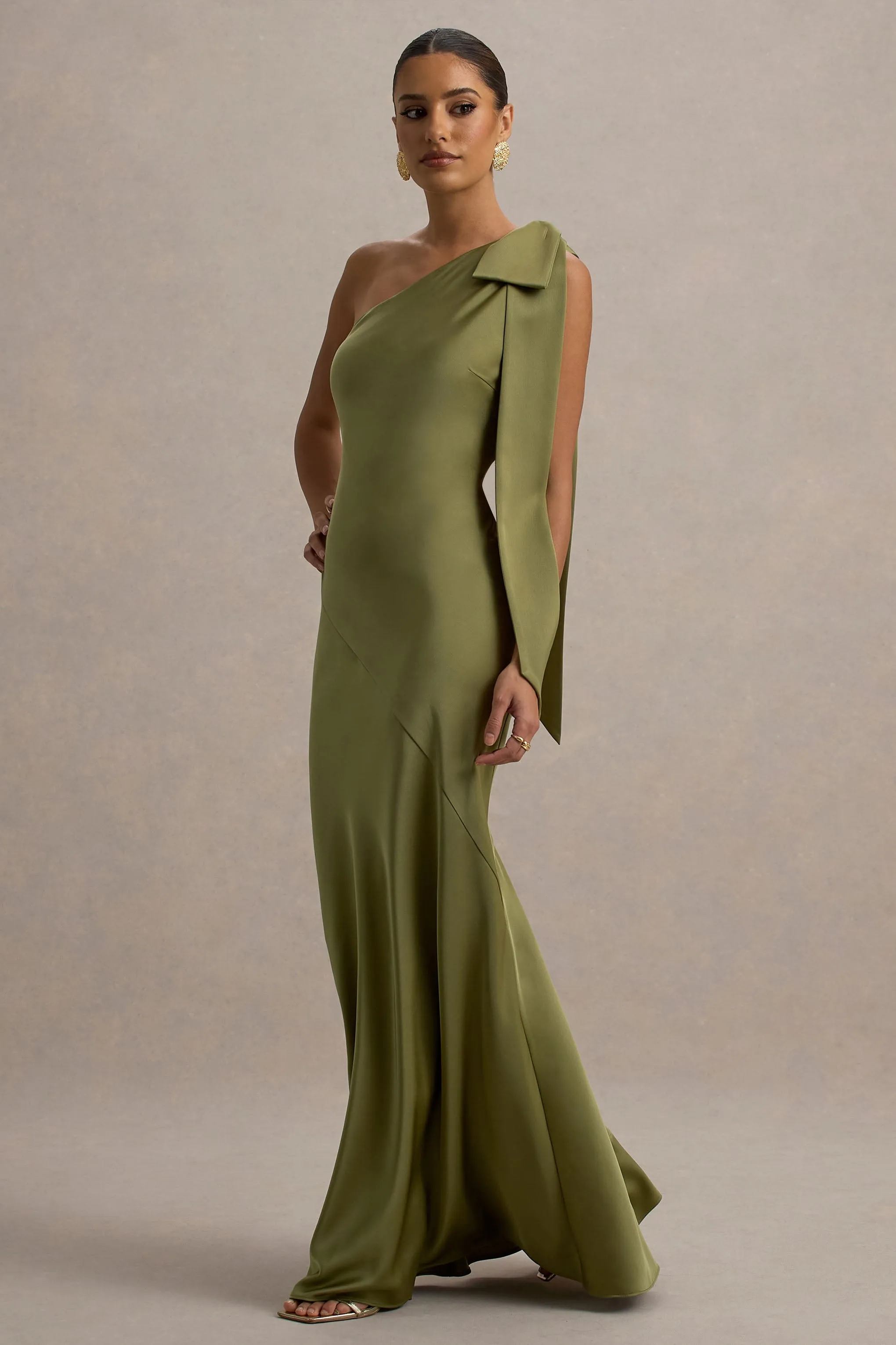 Here For Love | Khaki Satin Asymmetric Maxi Dress With Bow Club L London