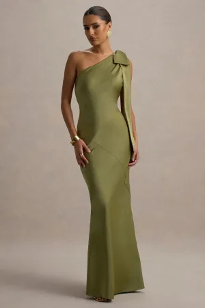 Here For Love | Khaki Satin Asymmetric Maxi Dress With Bow Club L London