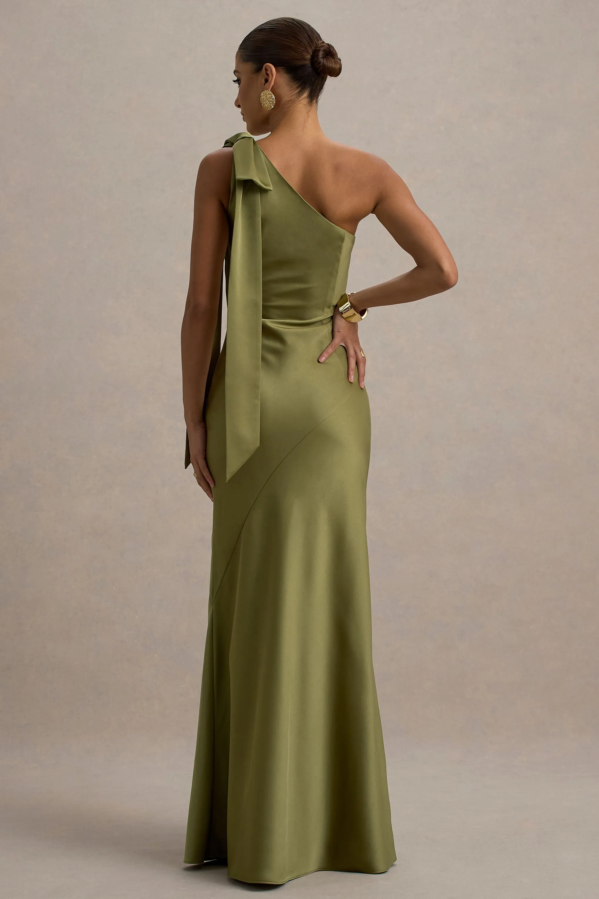 Here For Love | Khaki Satin Asymmetric Maxi Dress With Bow Club L London