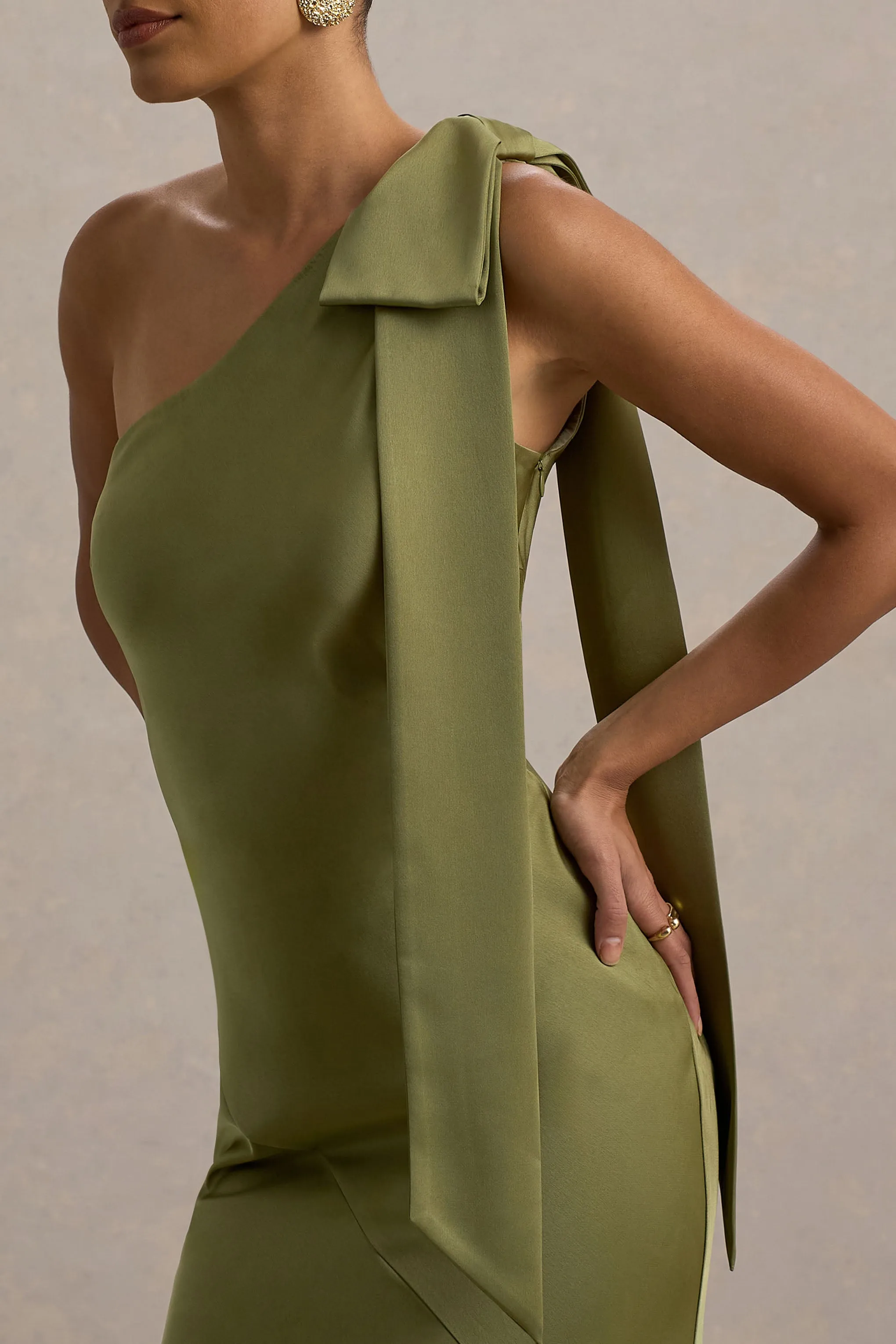 Here For Love | Khaki Satin Asymmetric Maxi Dress With Bow Club L London