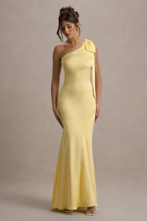 Here For Love | Pale Lemon Satin Asymmetric Maxi Dress With Bow Club L London