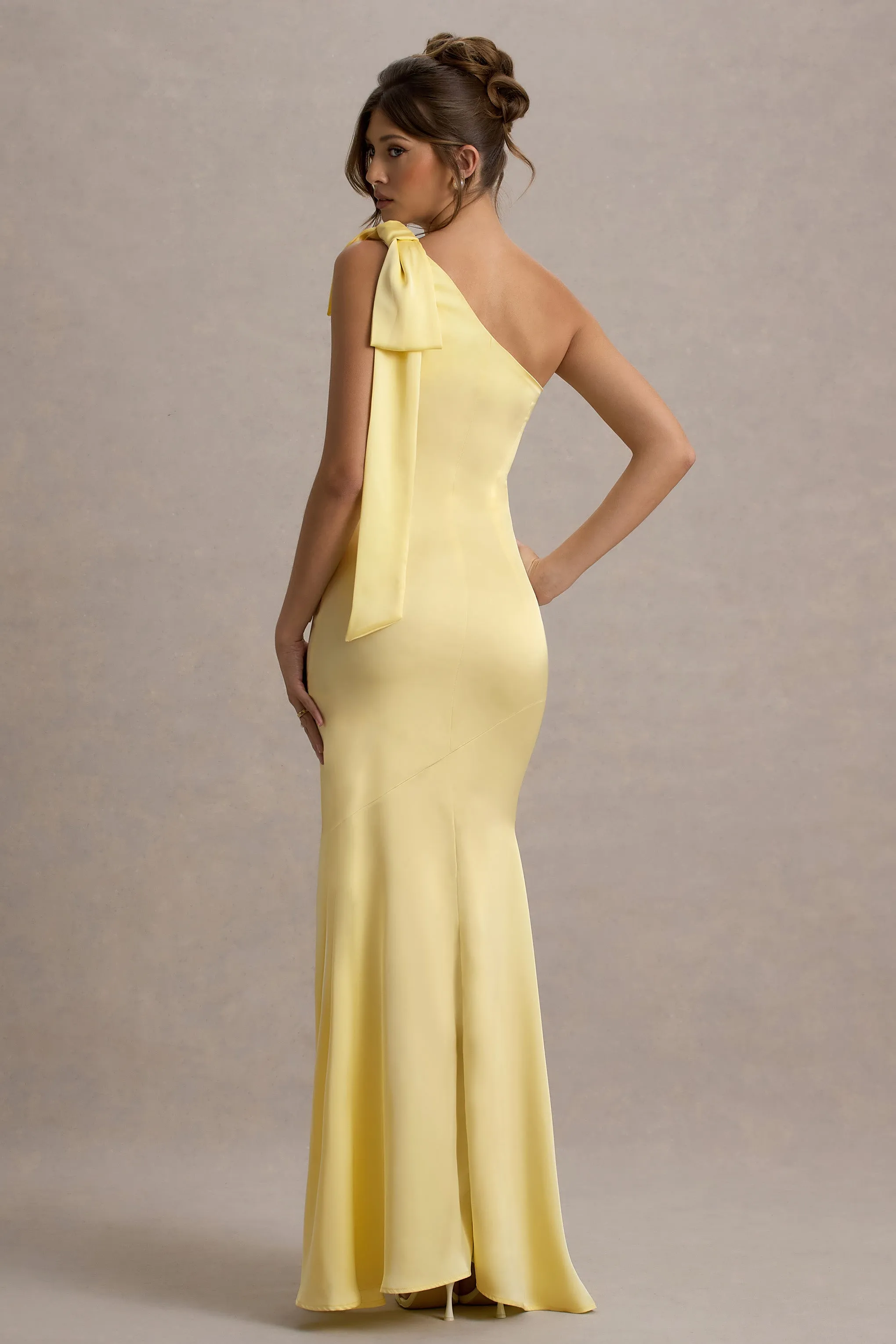 Here For Love | Pale Lemon Satin Asymmetric Maxi Dress With Bow Club L London
