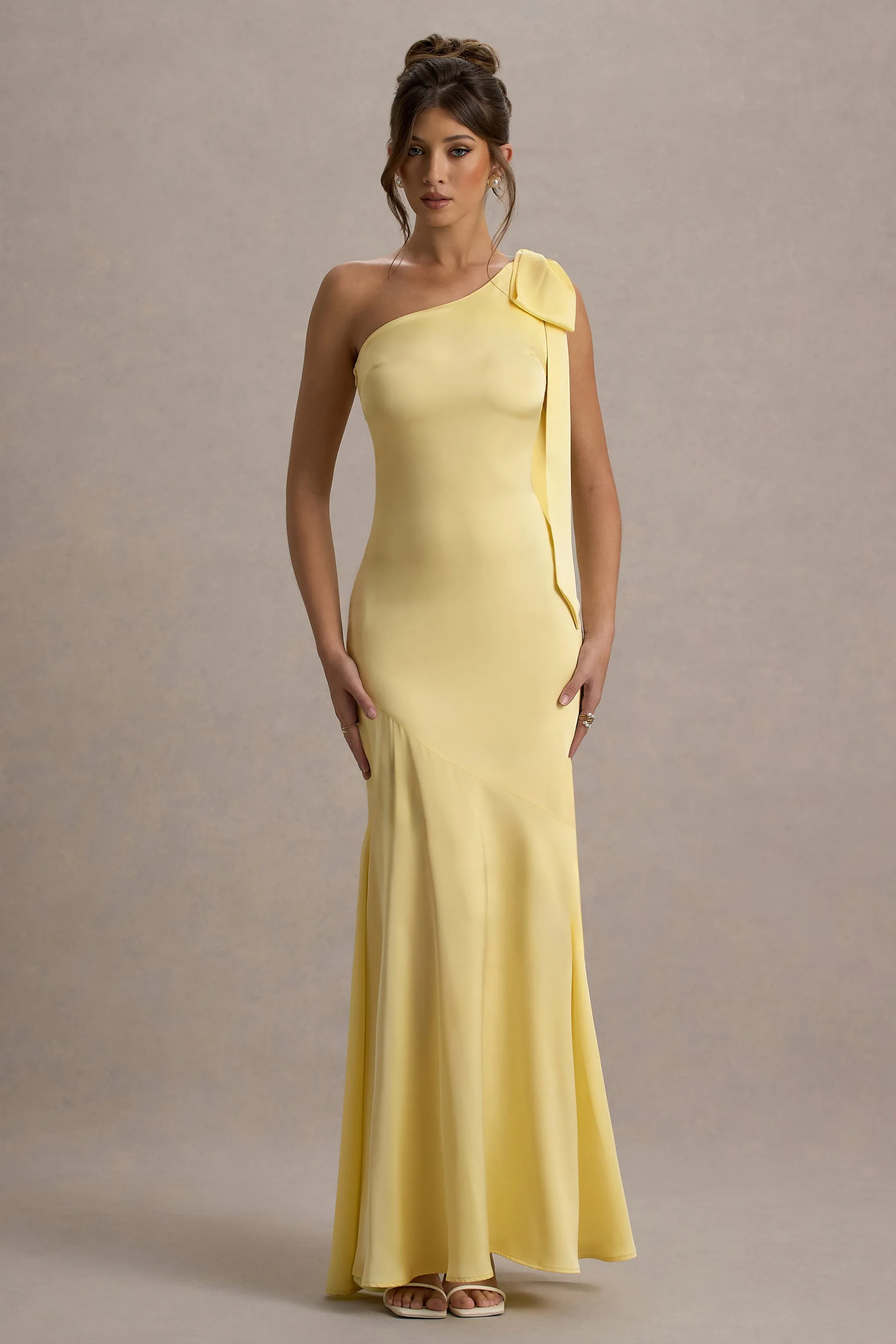 Here For Love | Pale Lemon Satin Asymmetric Maxi Dress With Bow Club L London