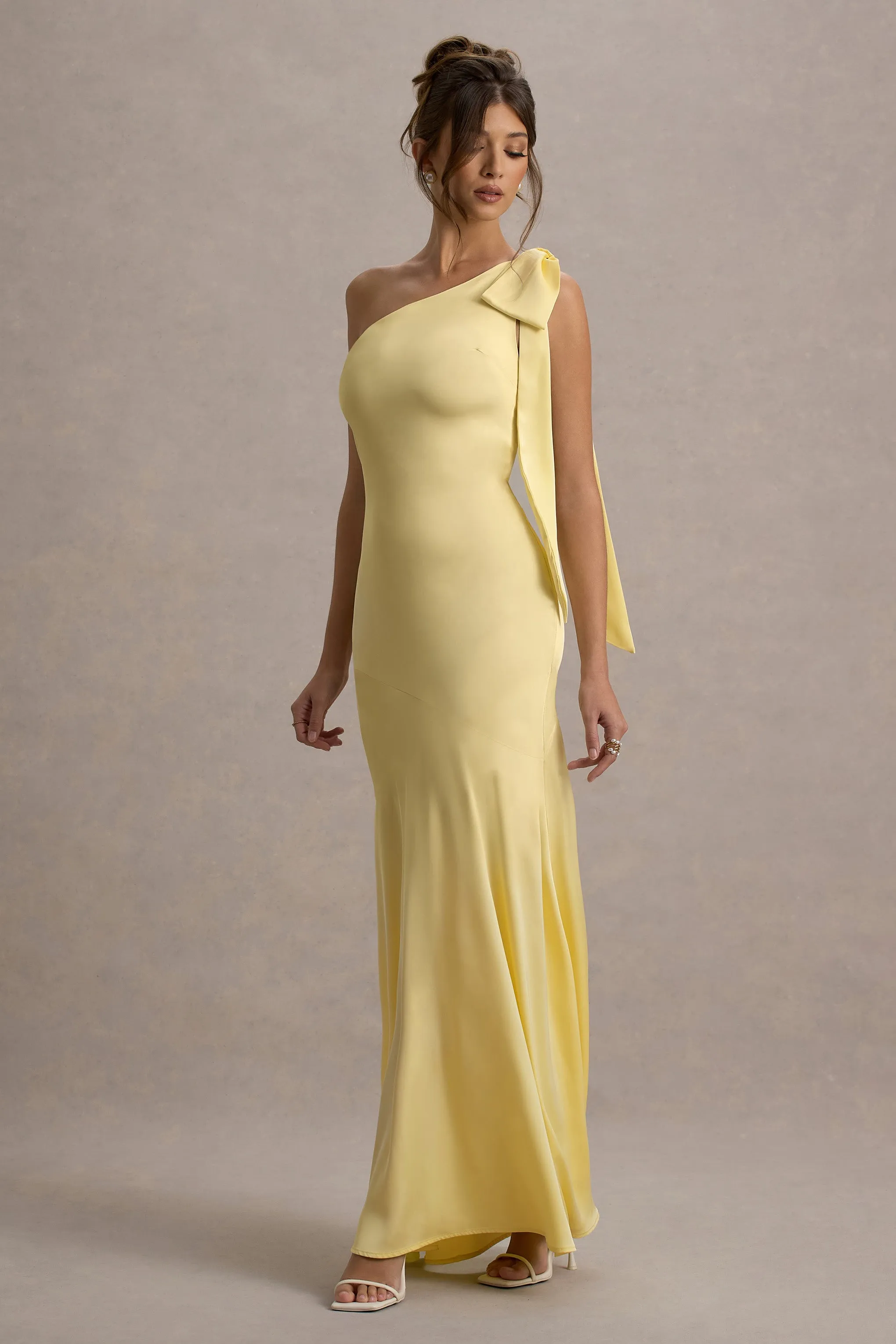 Here For Love | Pale Lemon Satin Asymmetric Maxi Dress With Bow Club L London