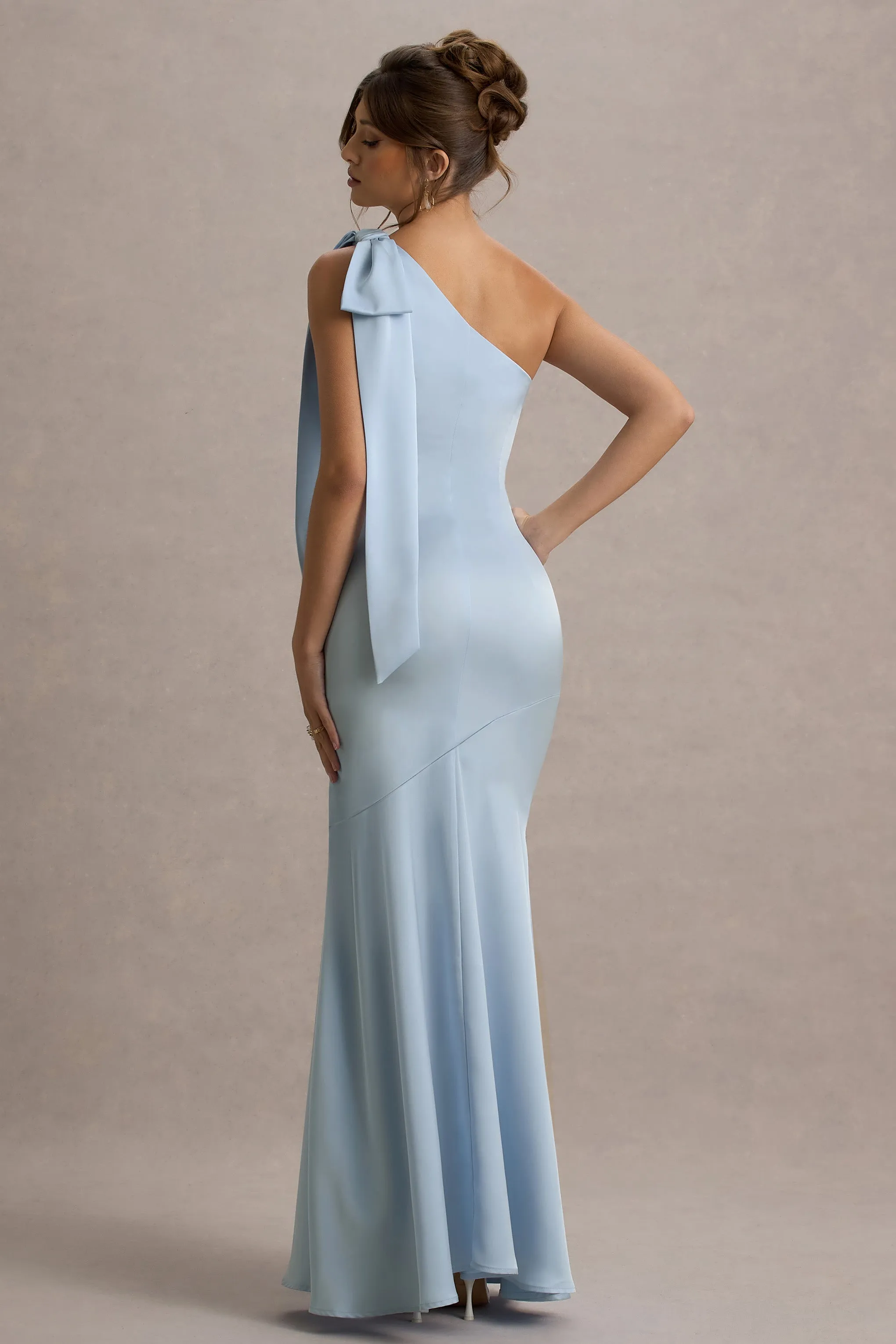 Here For Love | Powder Blue Satin Asymmetric Maxi Dress With Bow Club L London