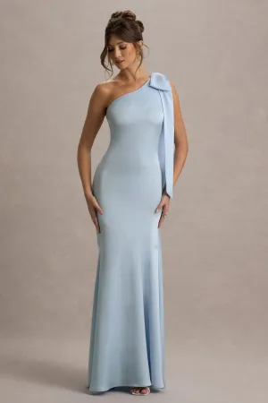 Here For Love | Powder Blue Satin Asymmetric Maxi Dress With Bow Club L London