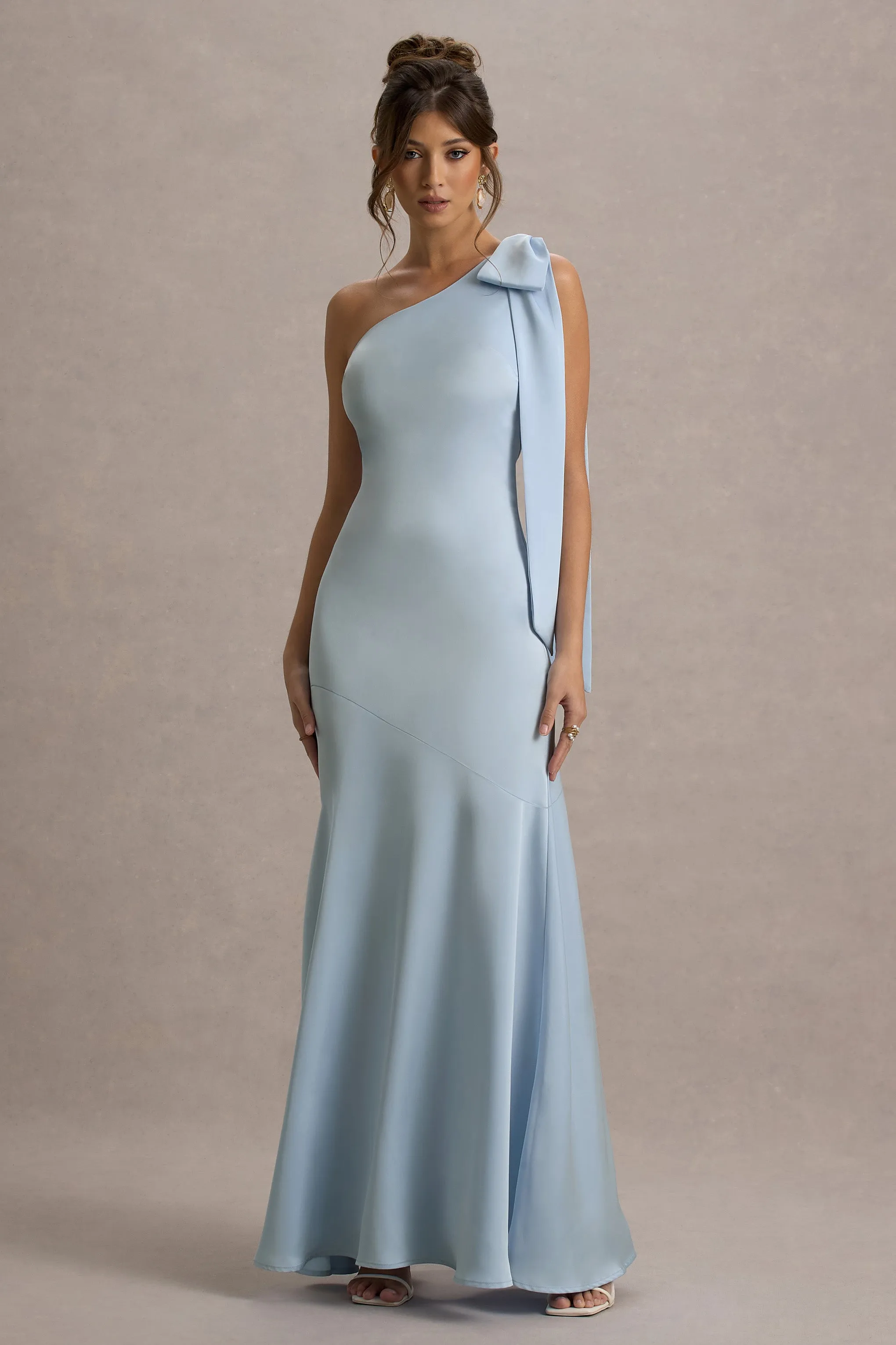 Here For Love | Powder Blue Satin Asymmetric Maxi Dress With Bow Club L London