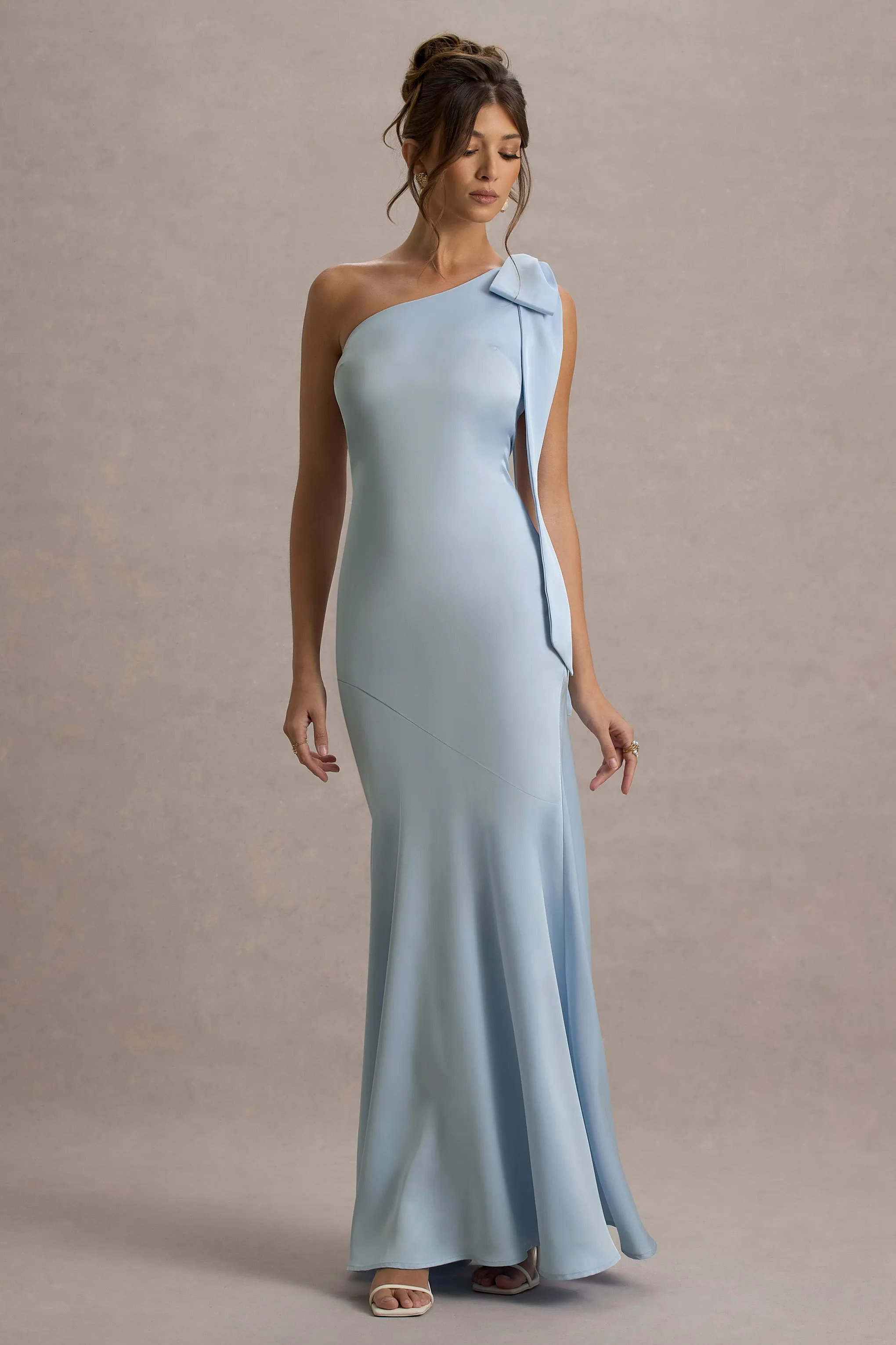 Here For Love | Powder Blue Satin Asymmetric Maxi Dress With Bow Club L London