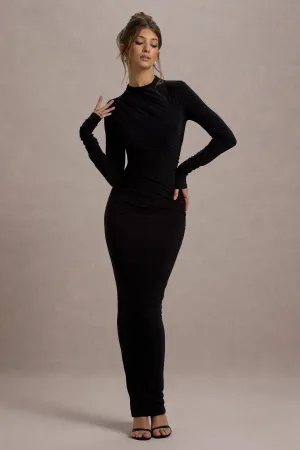 Hespera | Black High-Neck Long-Sleeve Gathered Maxi Dress Club L London