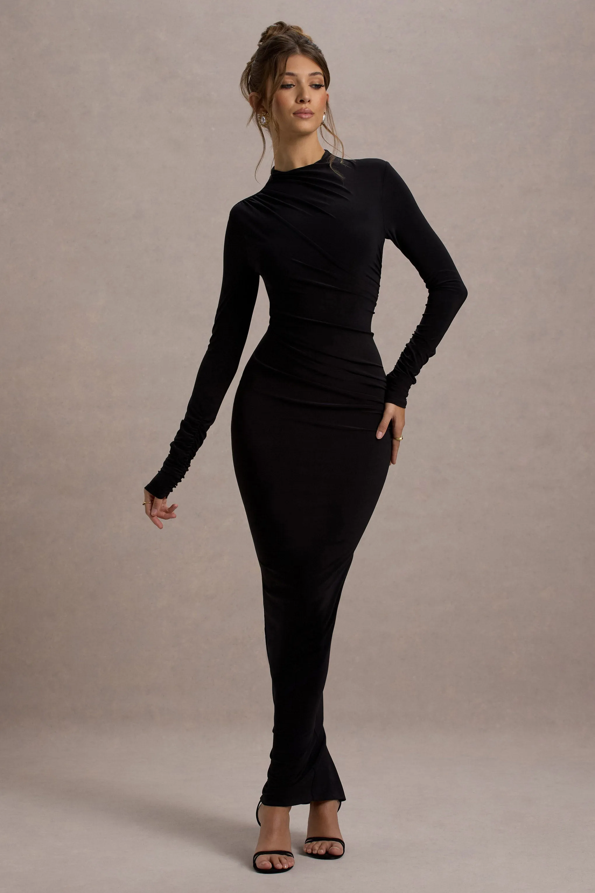 Hespera | Black High-Neck Long-Sleeve Gathered Maxi Dress Club L London