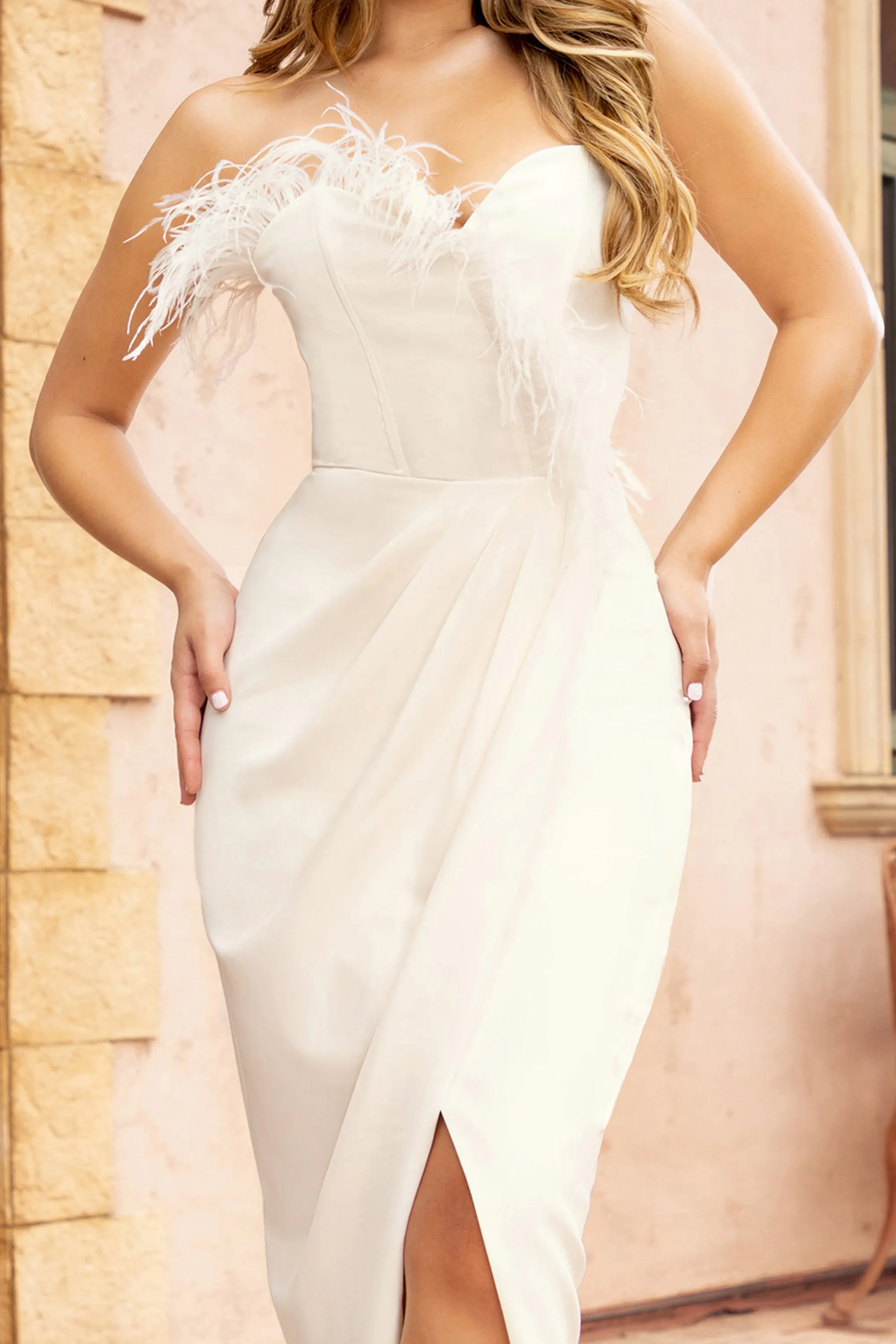 High Class | White Bandeau Thigh Split Maxi Dress With Feather Trim Club L London