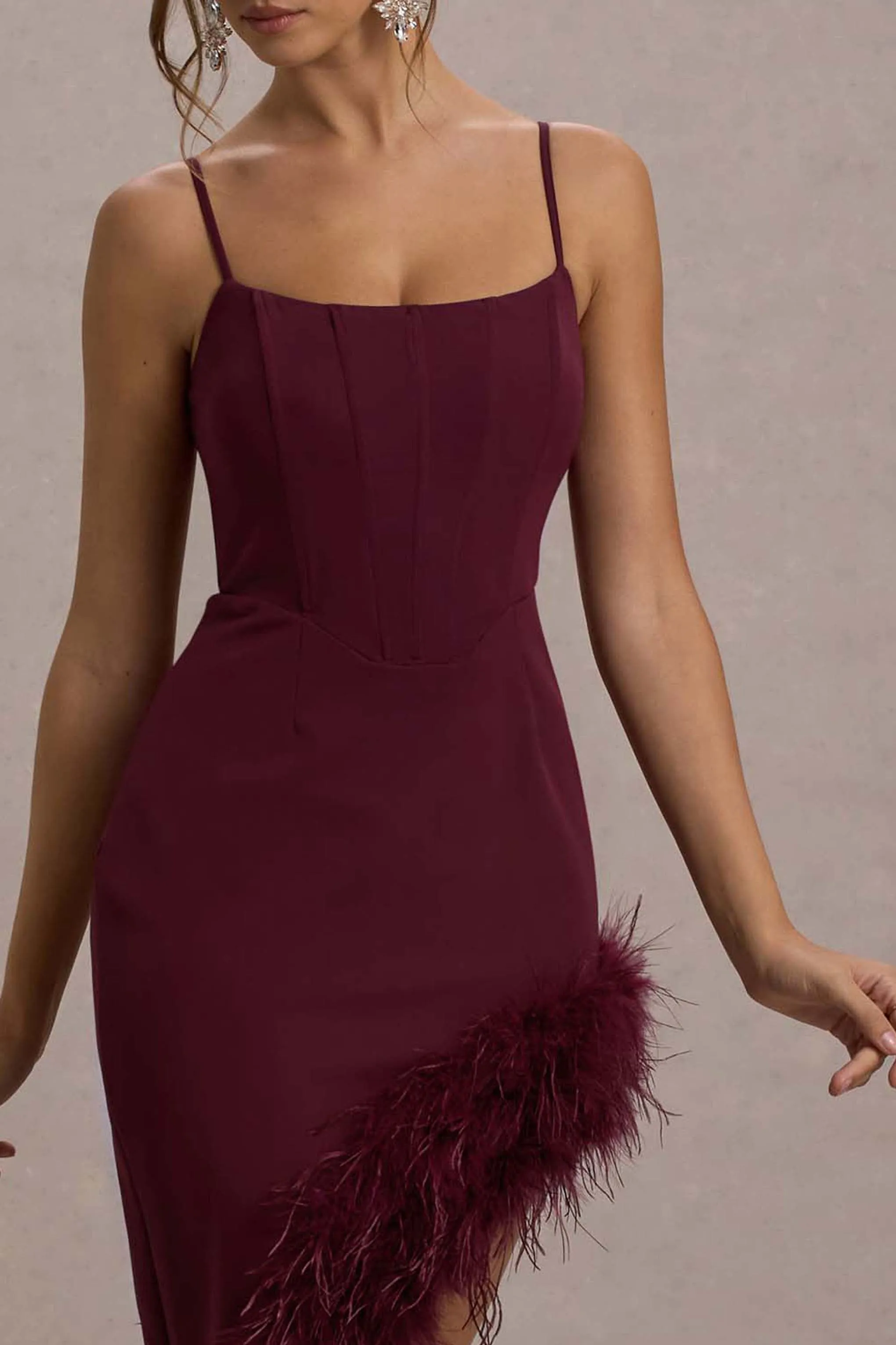 High Status | Burgundy Strappy Corset Asymmetric Maxi Dress With Feather Trim Club L London