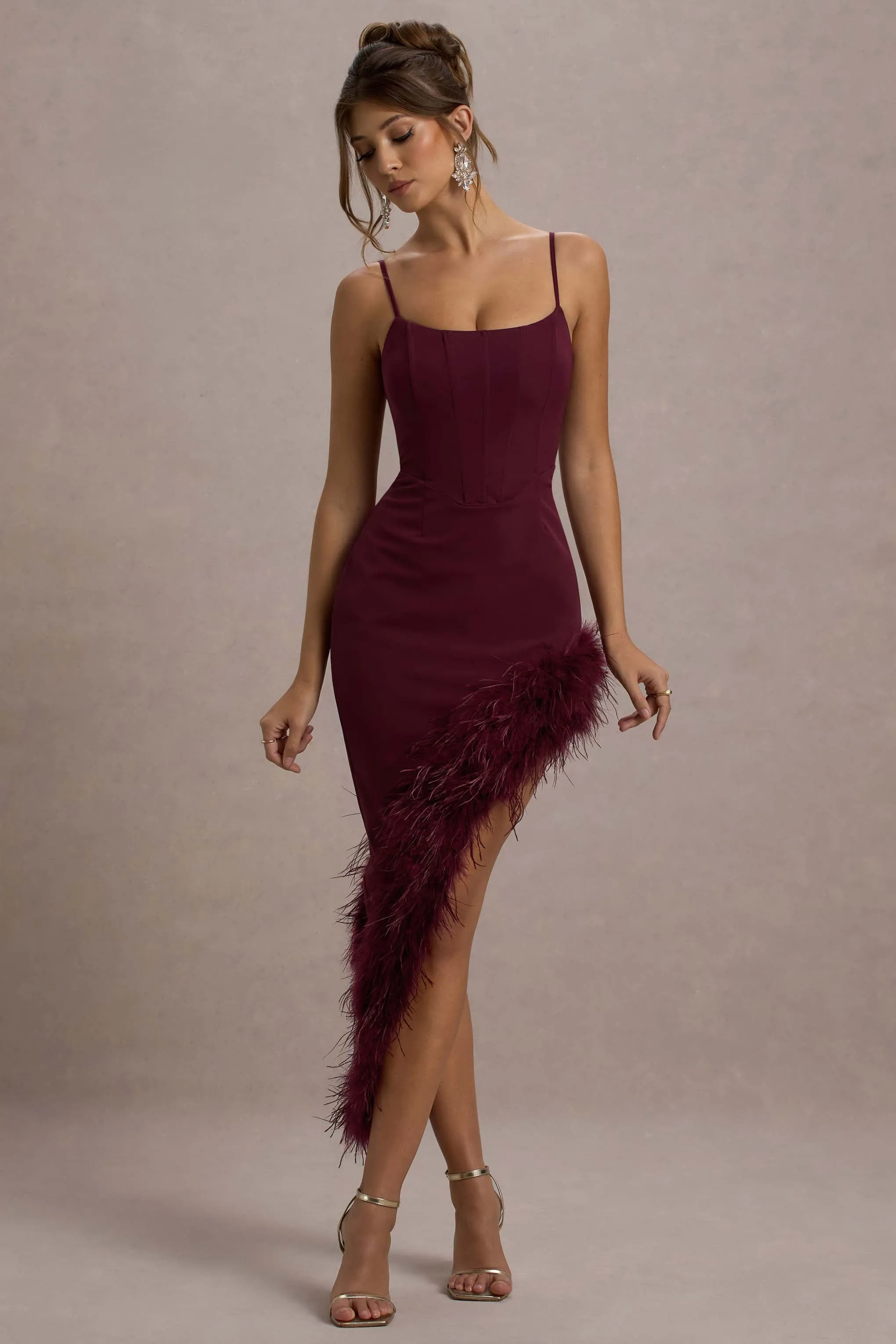 High Status | Burgundy Strappy Corset Asymmetric Maxi Dress With Feather Trim Club L London