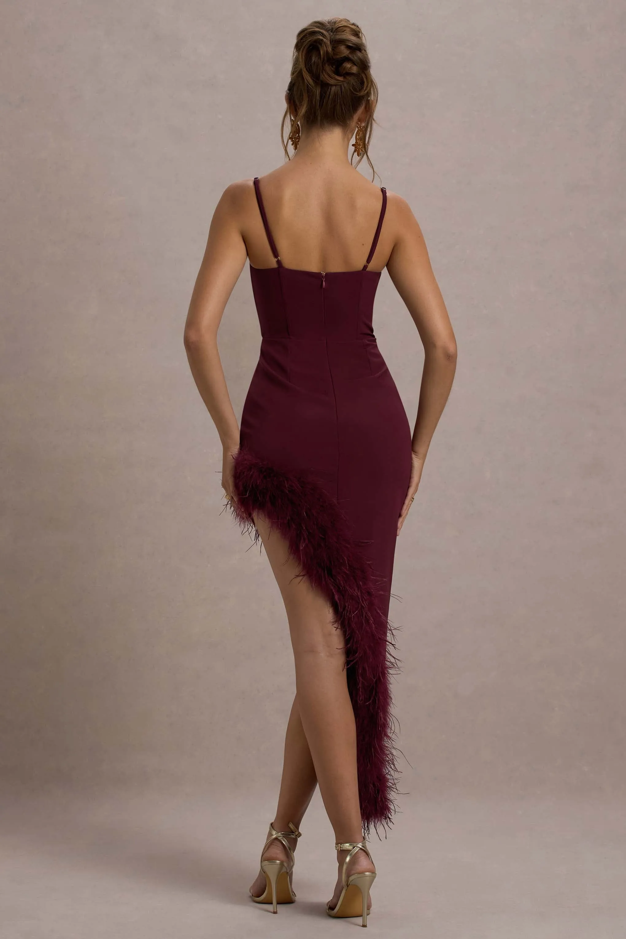 High Status | Burgundy Strappy Corset Asymmetric Maxi Dress With Feather Trim Club L London