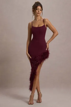 High Status | Burgundy Strappy Corset Asymmetric Maxi Dress With Feather Trim Club L London