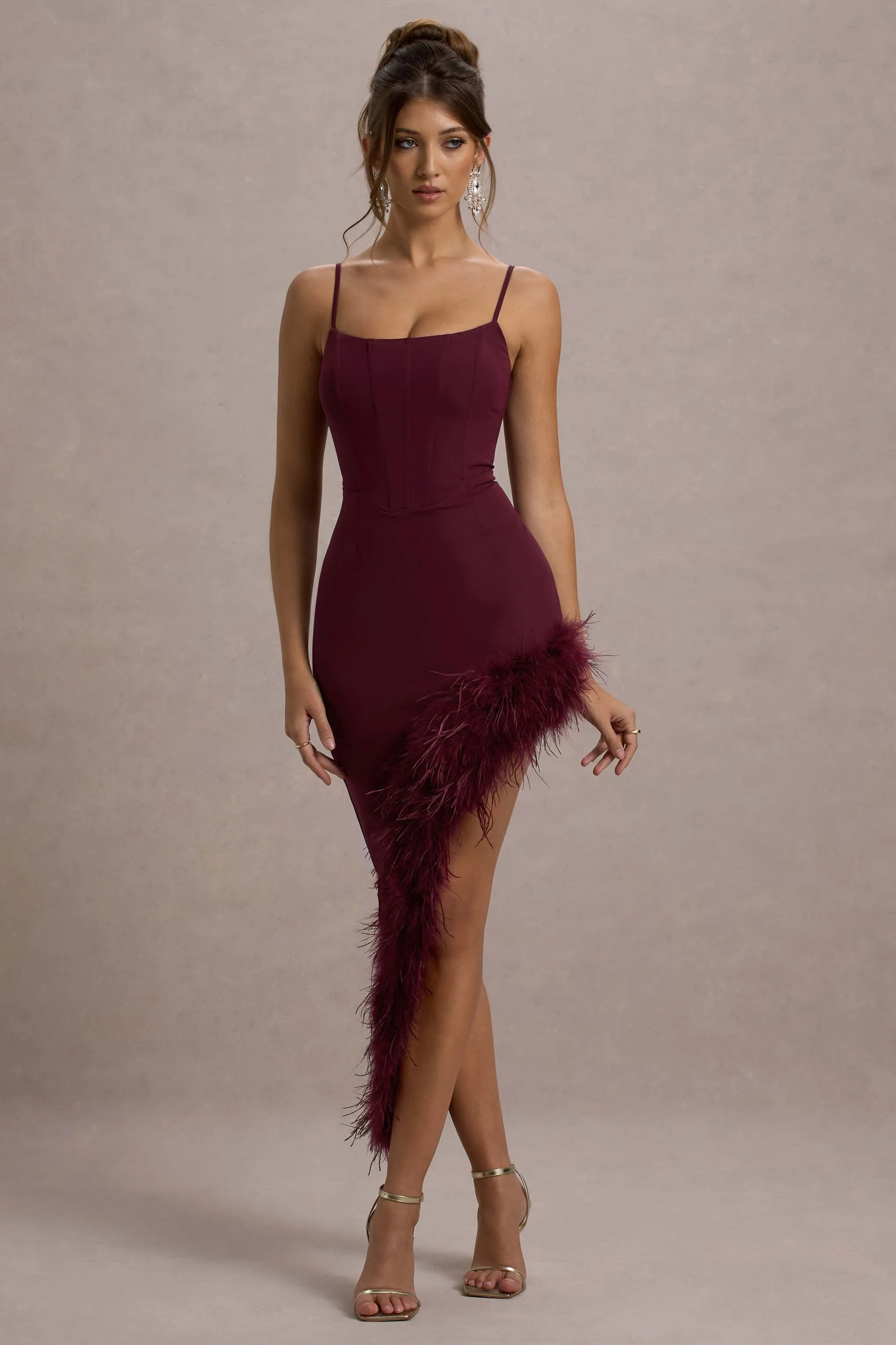 High Status | Burgundy Strappy Corset Asymmetric Maxi Dress With Feather Trim Club L London