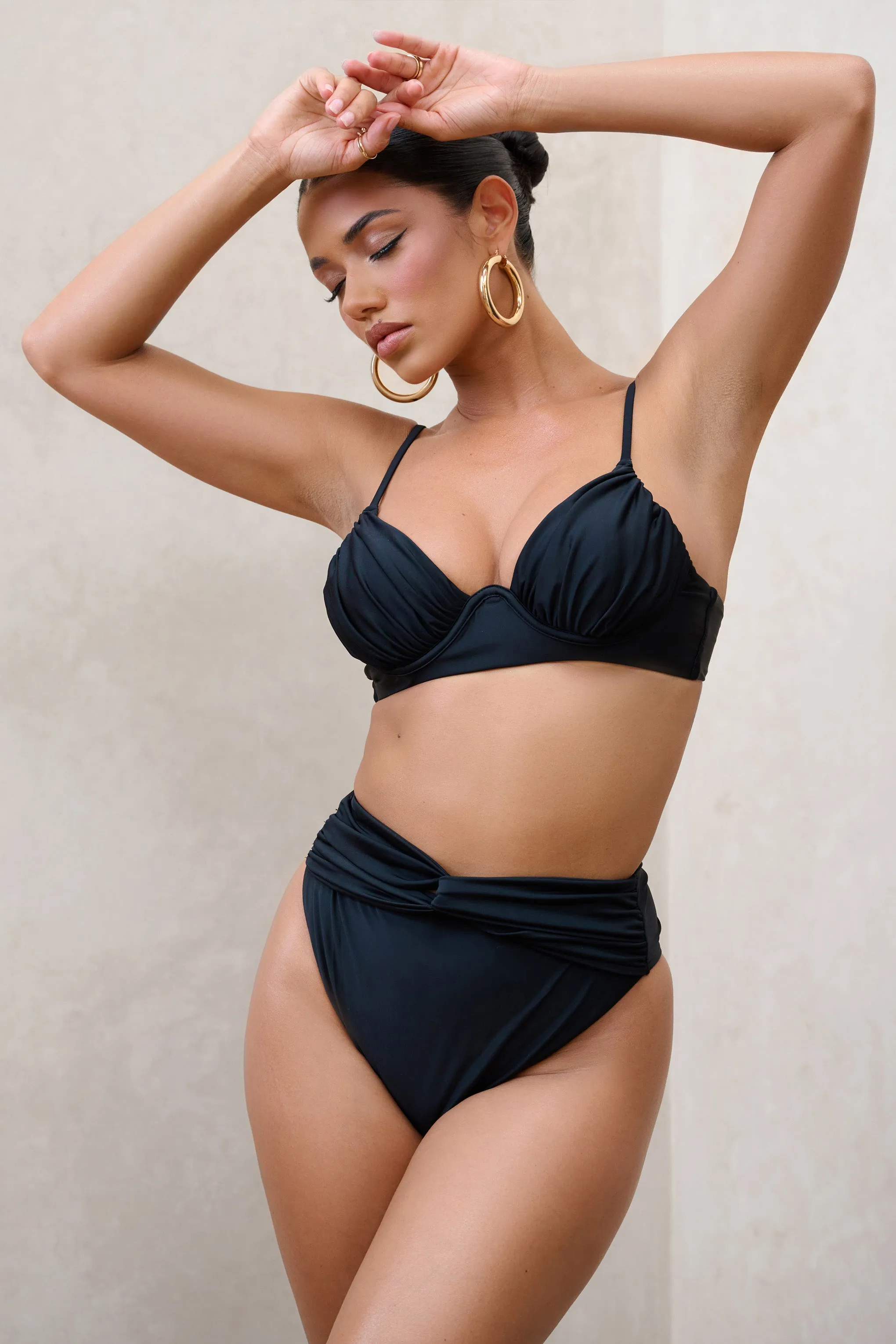 High Tide | Black High Waisted Twist Front Bikini Bottoms Club L London