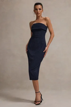 Highway | Navy Pinstripe Strapless Midi Dress Club L London