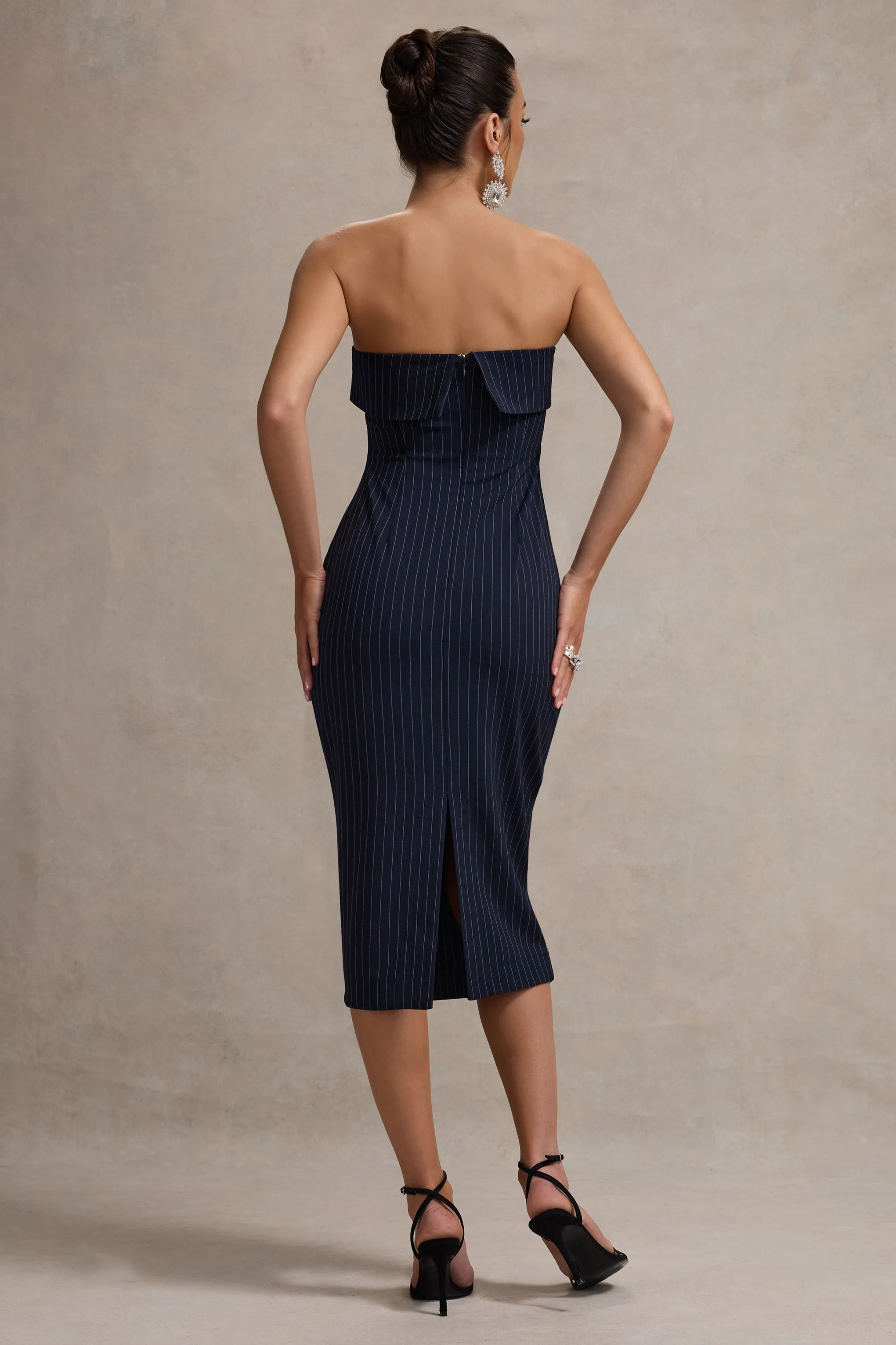 Highway | Navy Pinstripe Strapless Midi Dress Club L London