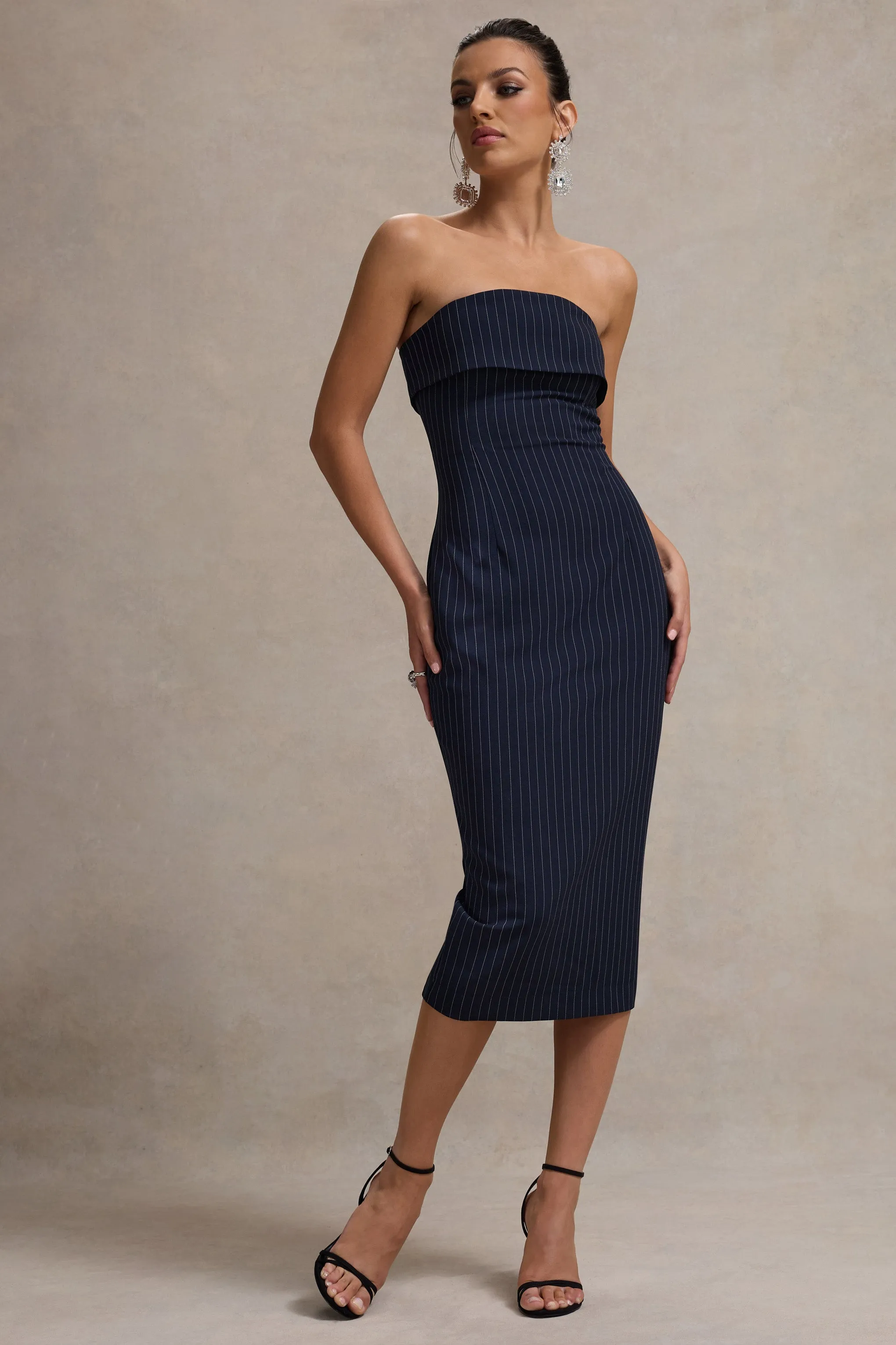 Highway | Navy Pinstripe Strapless Midi Dress Club L London
