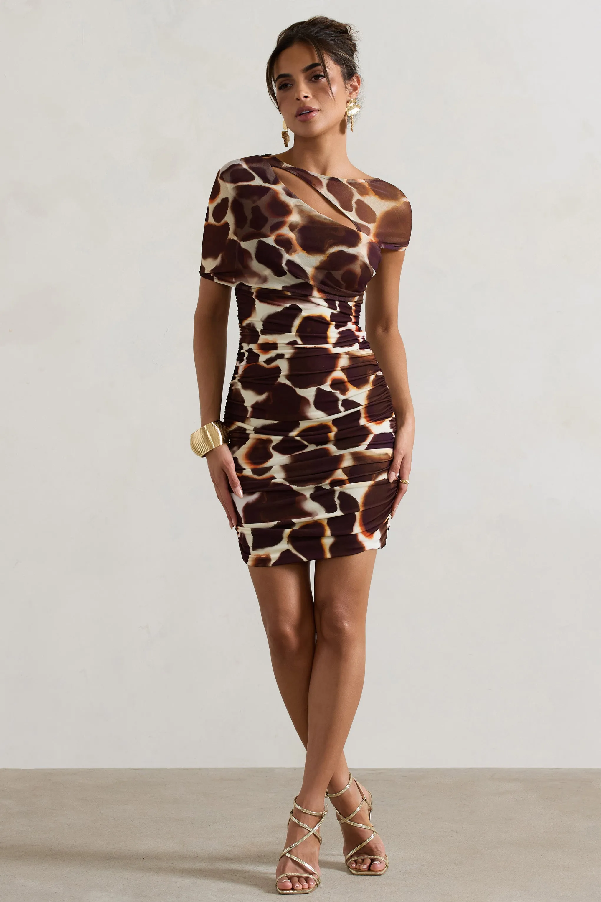 Himalaya | Giraffe Print Ruched Mini Dress With Mesh Overlay Club L London