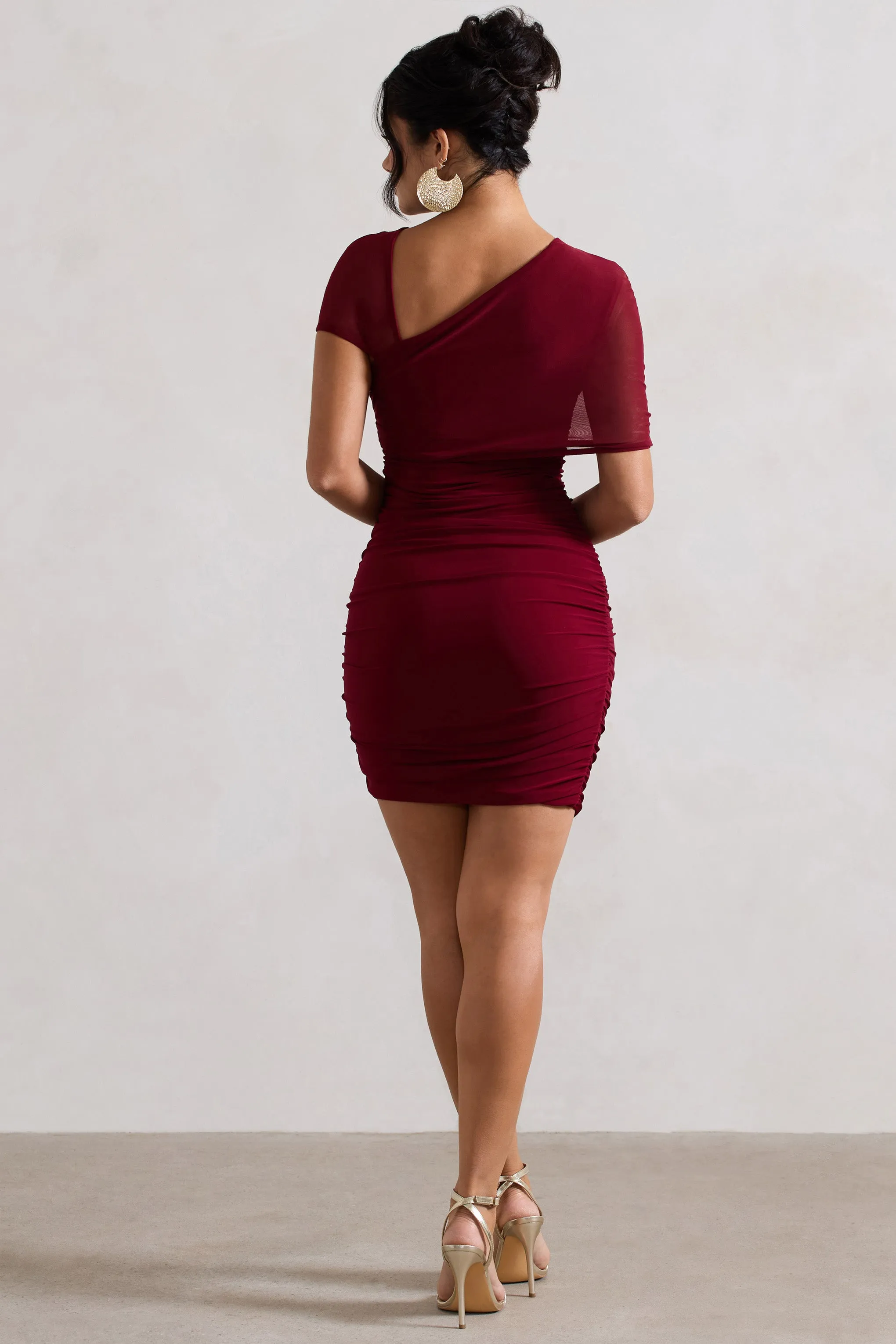 Himalaya | Mulberry Ruched Mini Dress With Mesh Overlay Club L London