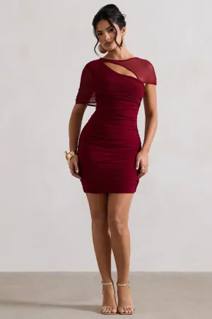 Himalaya | Mulberry Ruched Mini Dress With Mesh Overlay Club L London