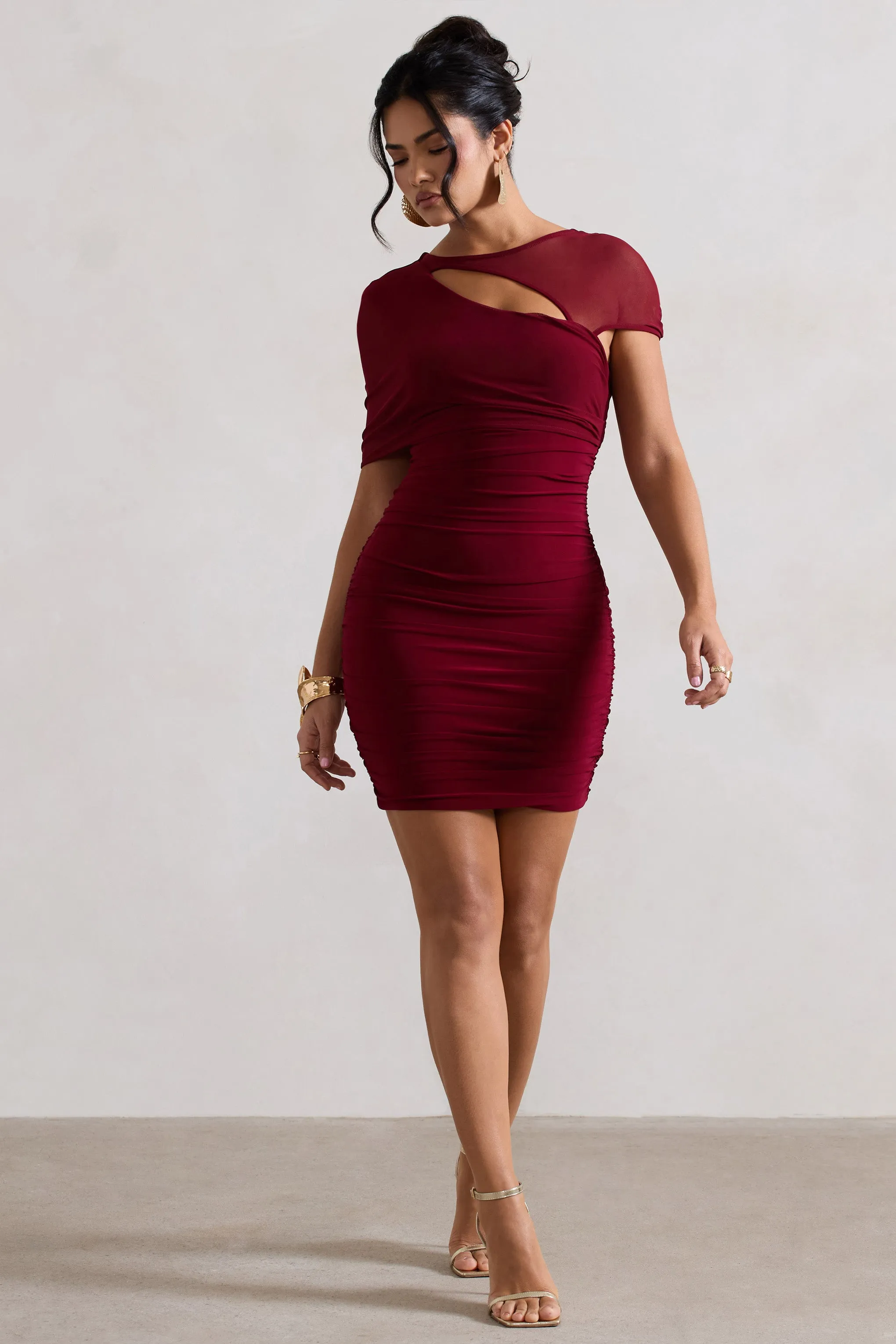 Himalaya | Mulberry Ruched Mini Dress With Mesh Overlay Club L London
