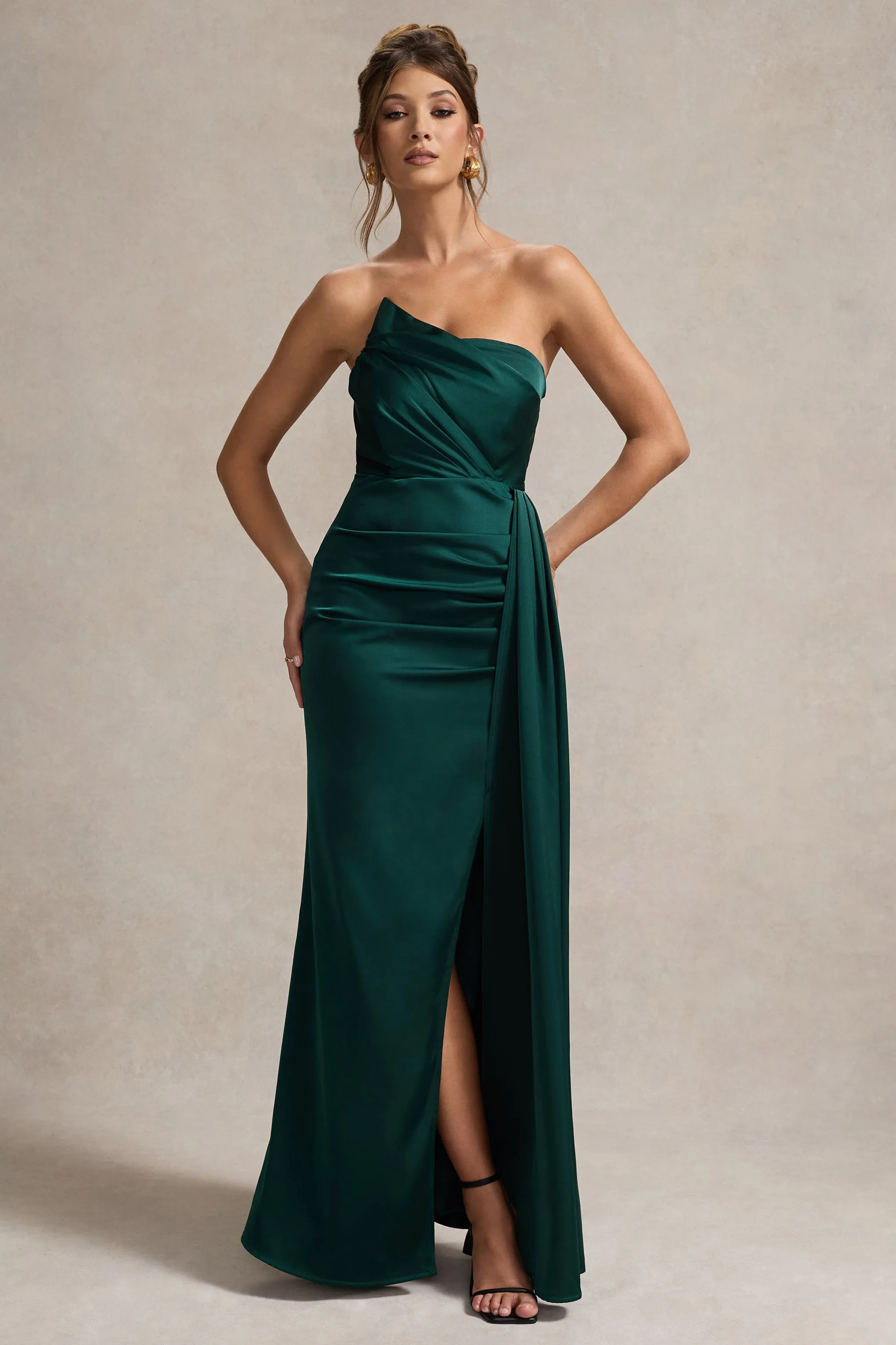 Hollywood | Bottle Green Satin Strapless Draped Maxi Dress Club L London