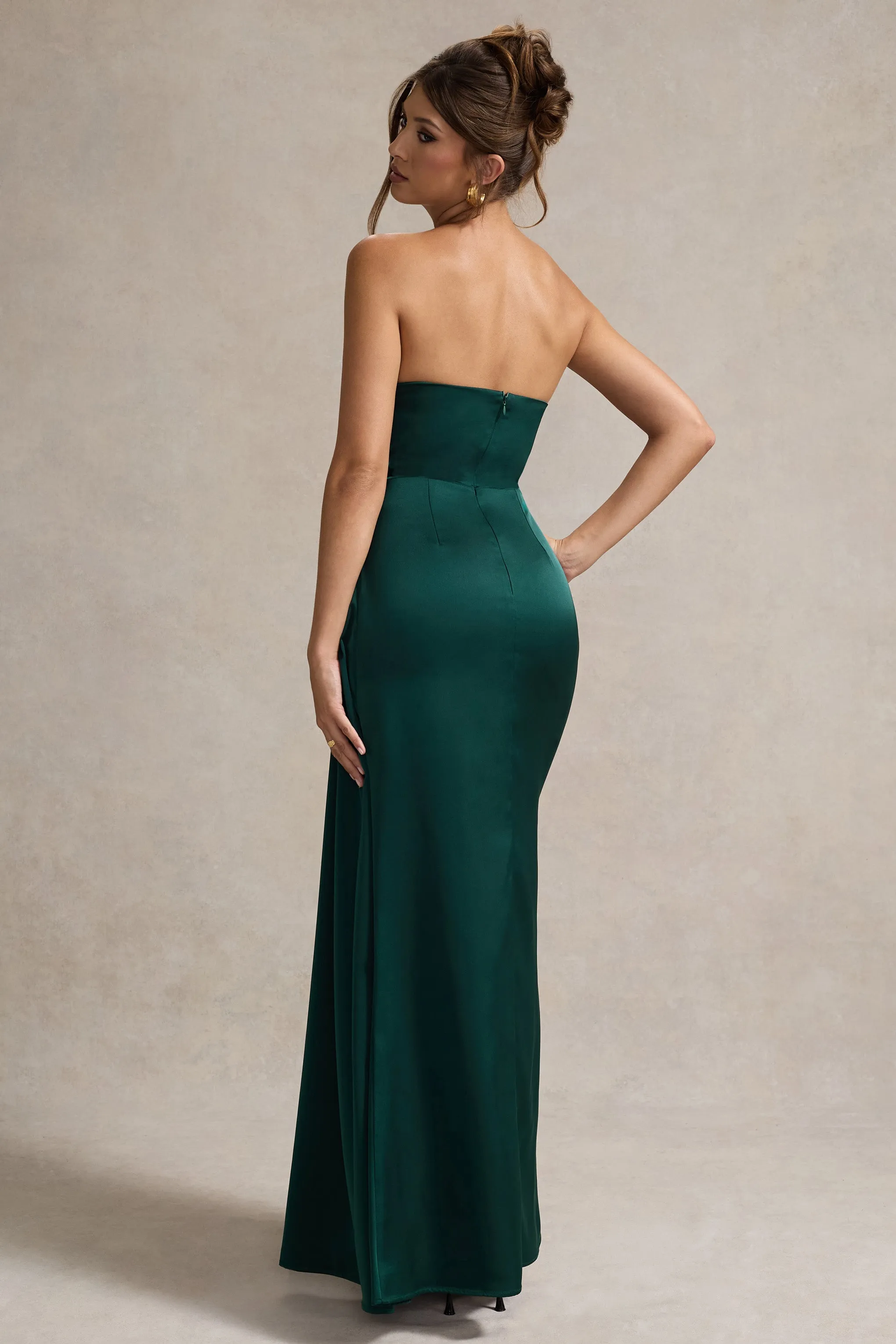 Hollywood | Bottle Green Satin Strapless Draped Maxi Dress Club L London