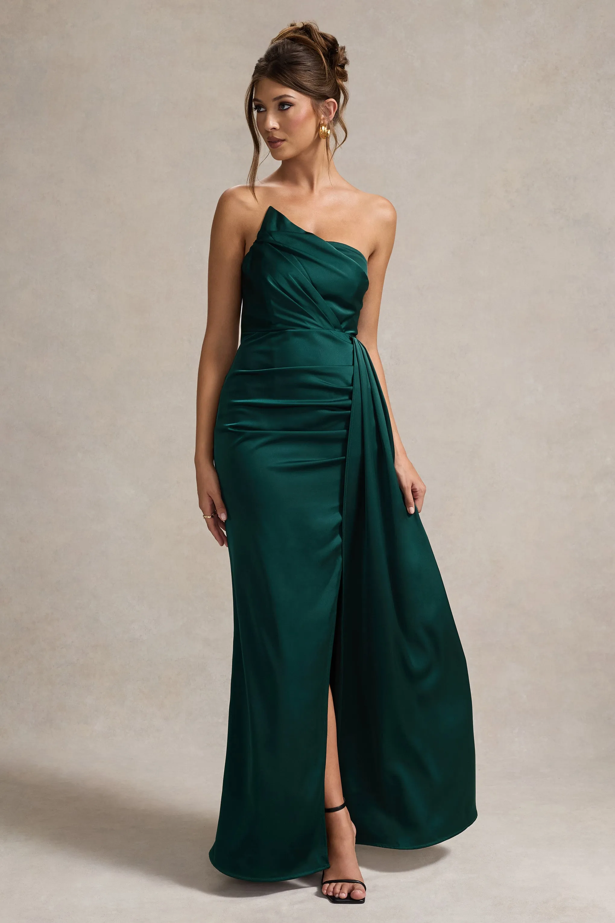 Hollywood | Bottle Green Satin Strapless Draped Maxi Dress Club L London