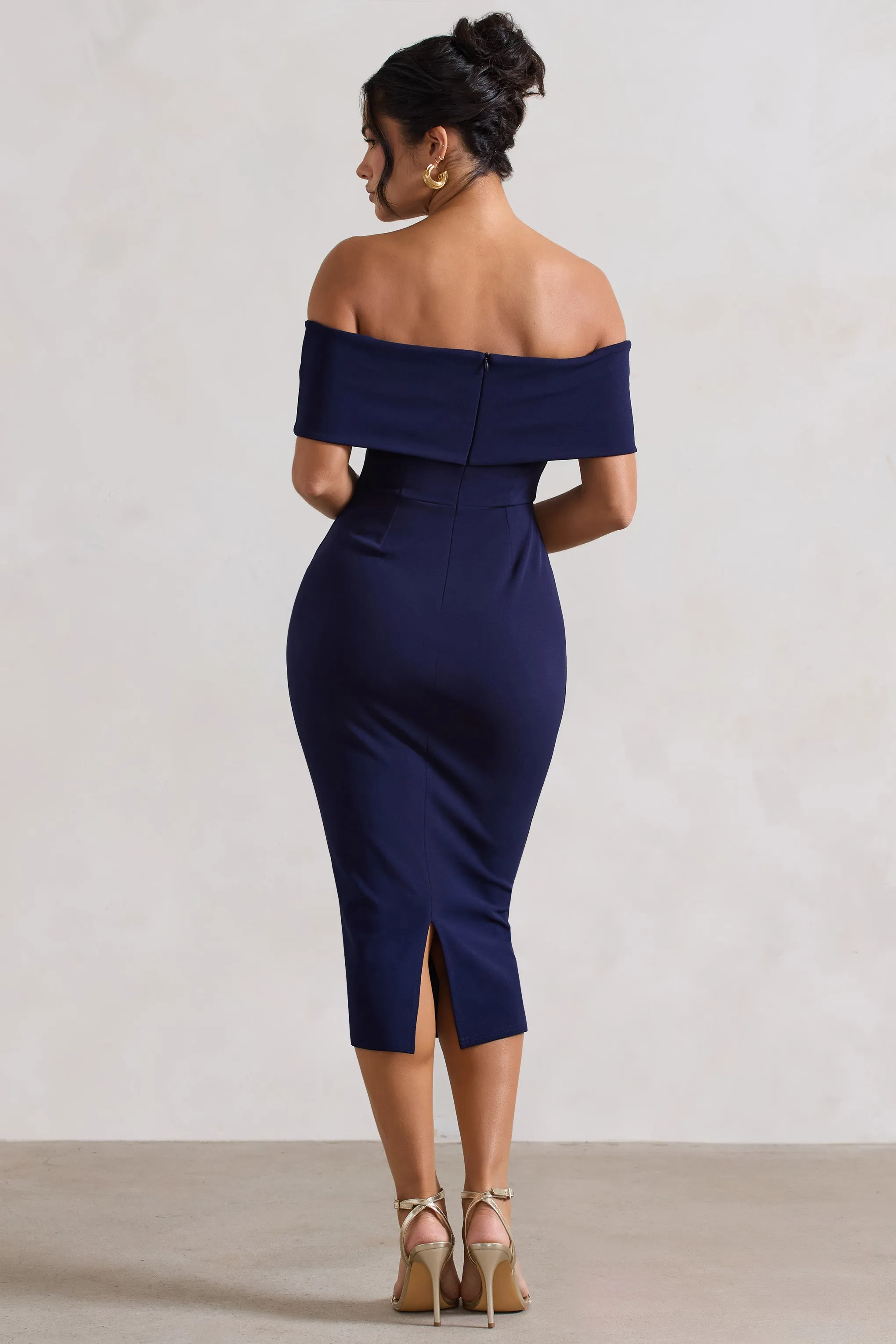 Hope | Navy Bow Bardot Midi Dress Club L London