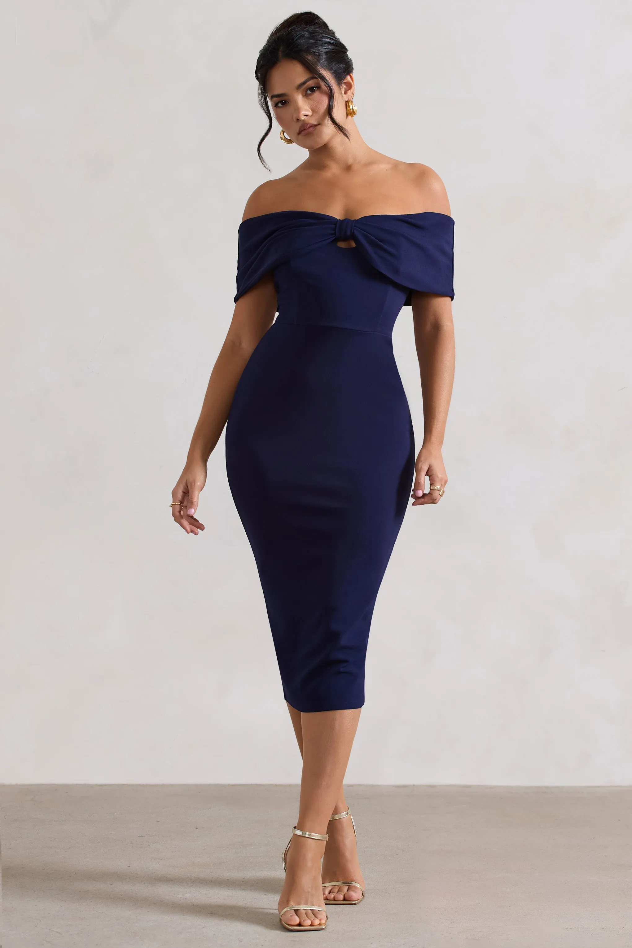 Hope | Navy Bow Bardot Midi Dress Club L London