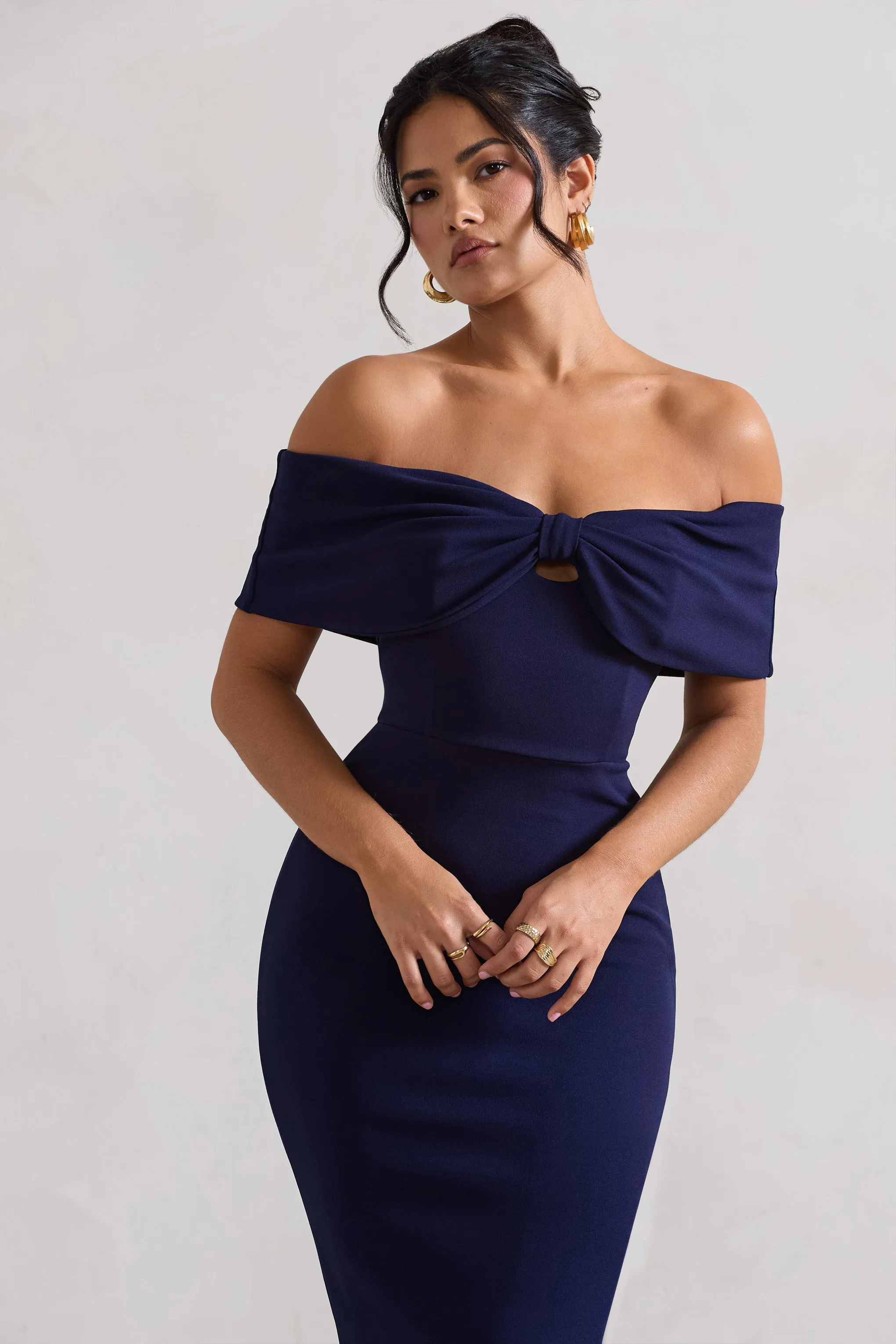 Hope | Navy Bow Bardot Midi Dress Club L London