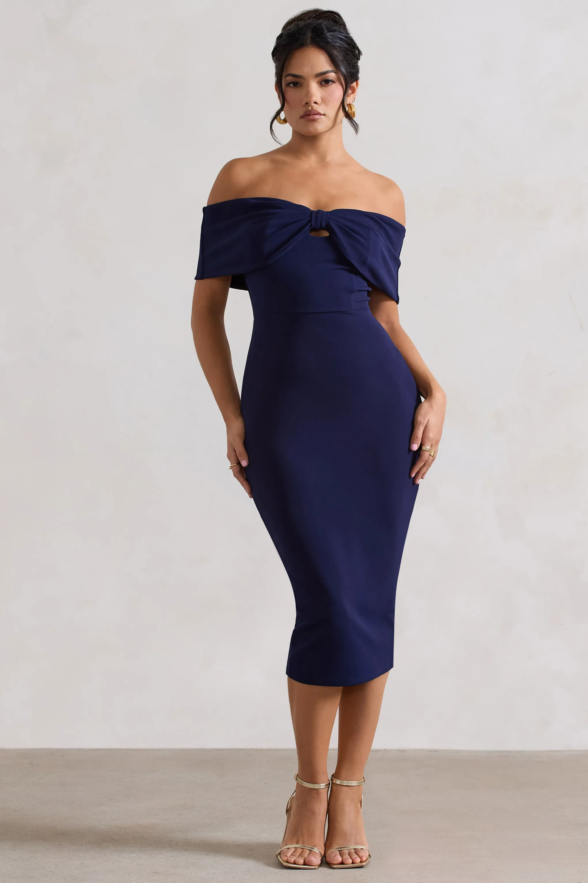 Hope | Navy Bow Bardot Midi Dress Club L London