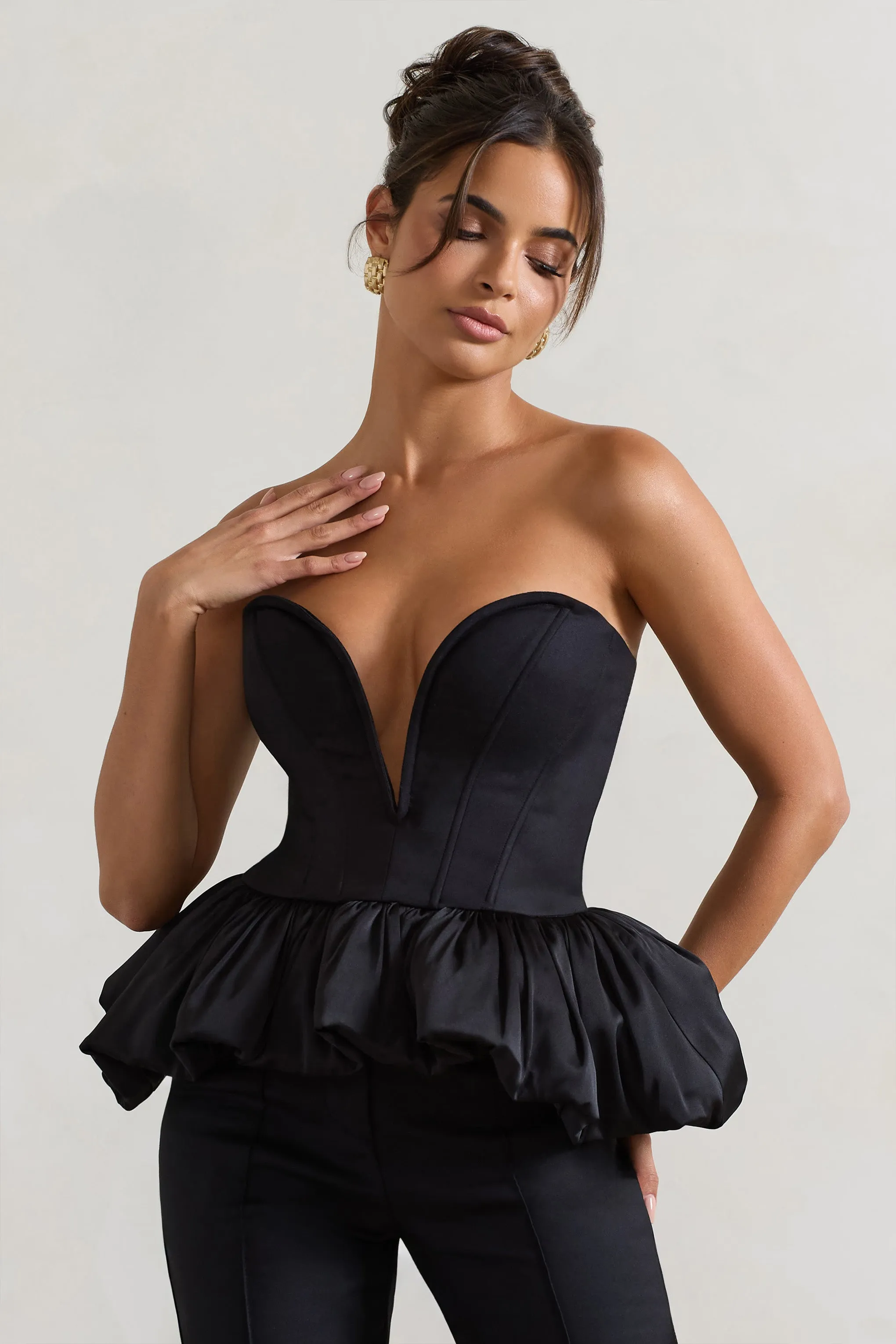 Huntley | Black Sweetheart Corset Top With Satin Puff Hem Club L London