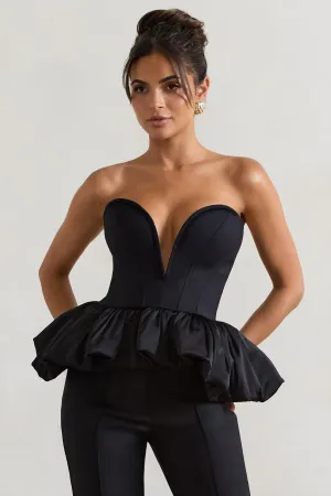 Huntley | Black Sweetheart Corset Top With Satin Puff Hem Club L London