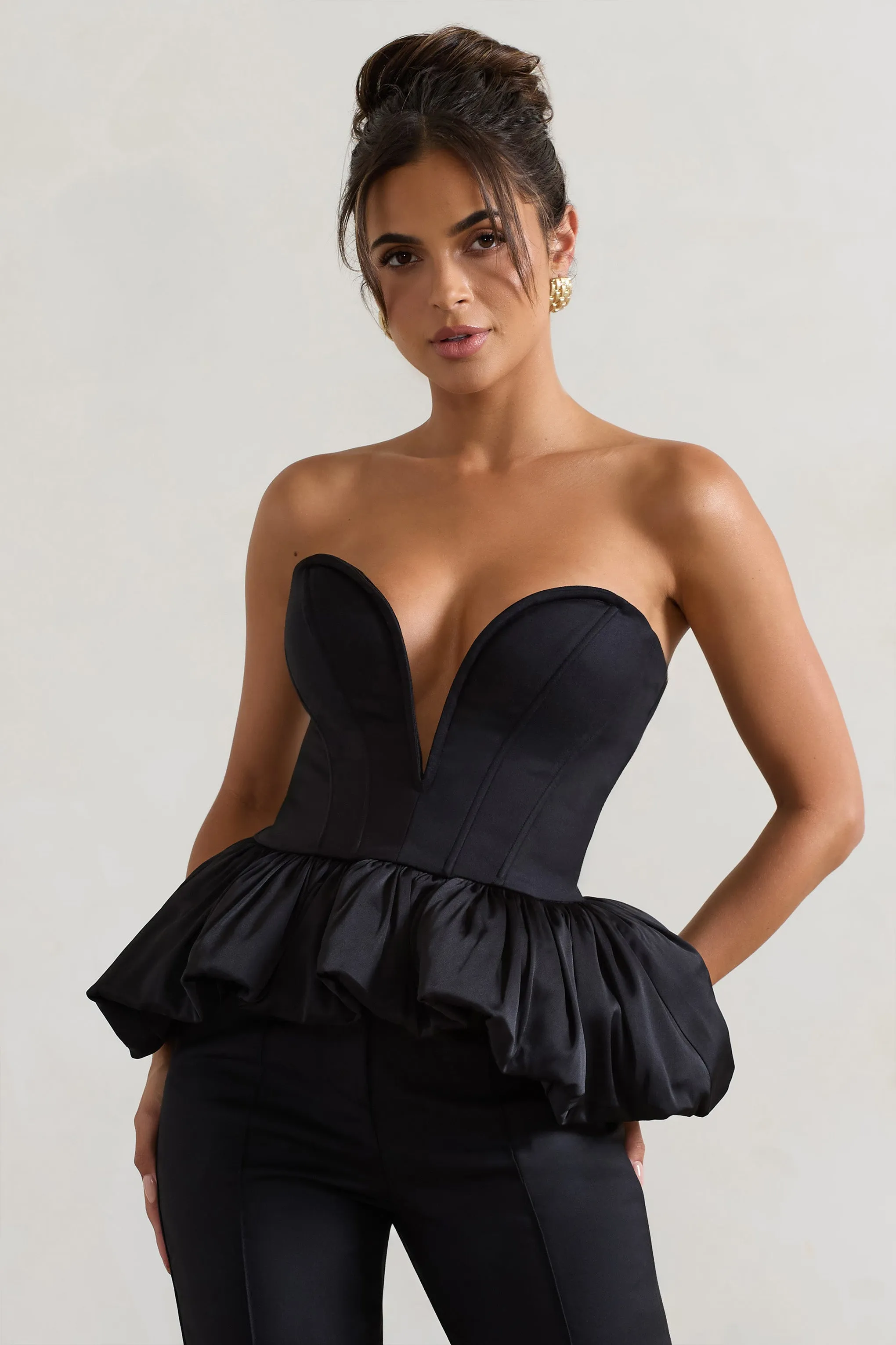Huntley | Black Sweetheart Corset Top With Satin Puff Hem Club L London