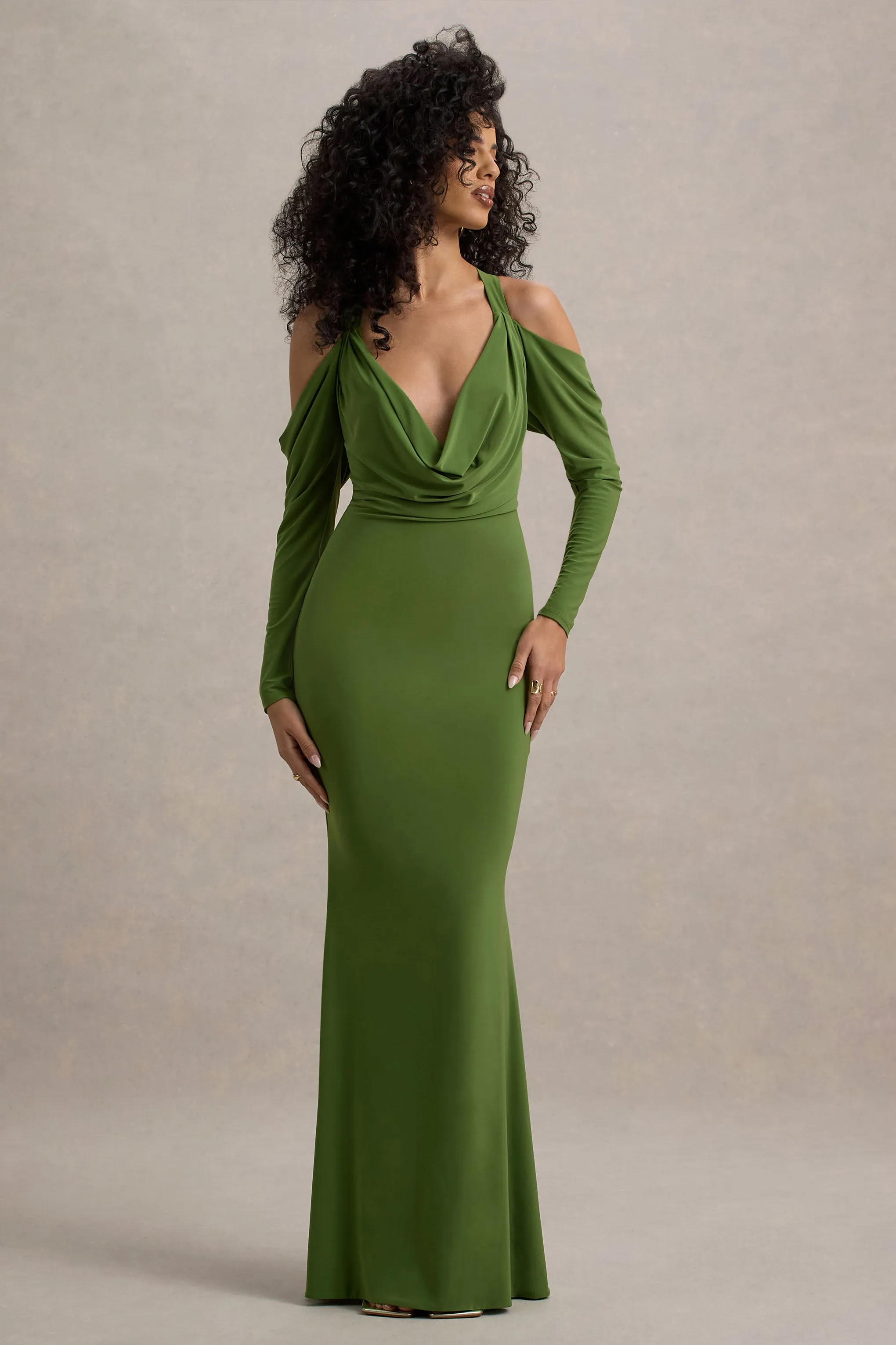 Hurghada | Green Plunge-Neck Long-Sleeve Maxi Dress Club L London